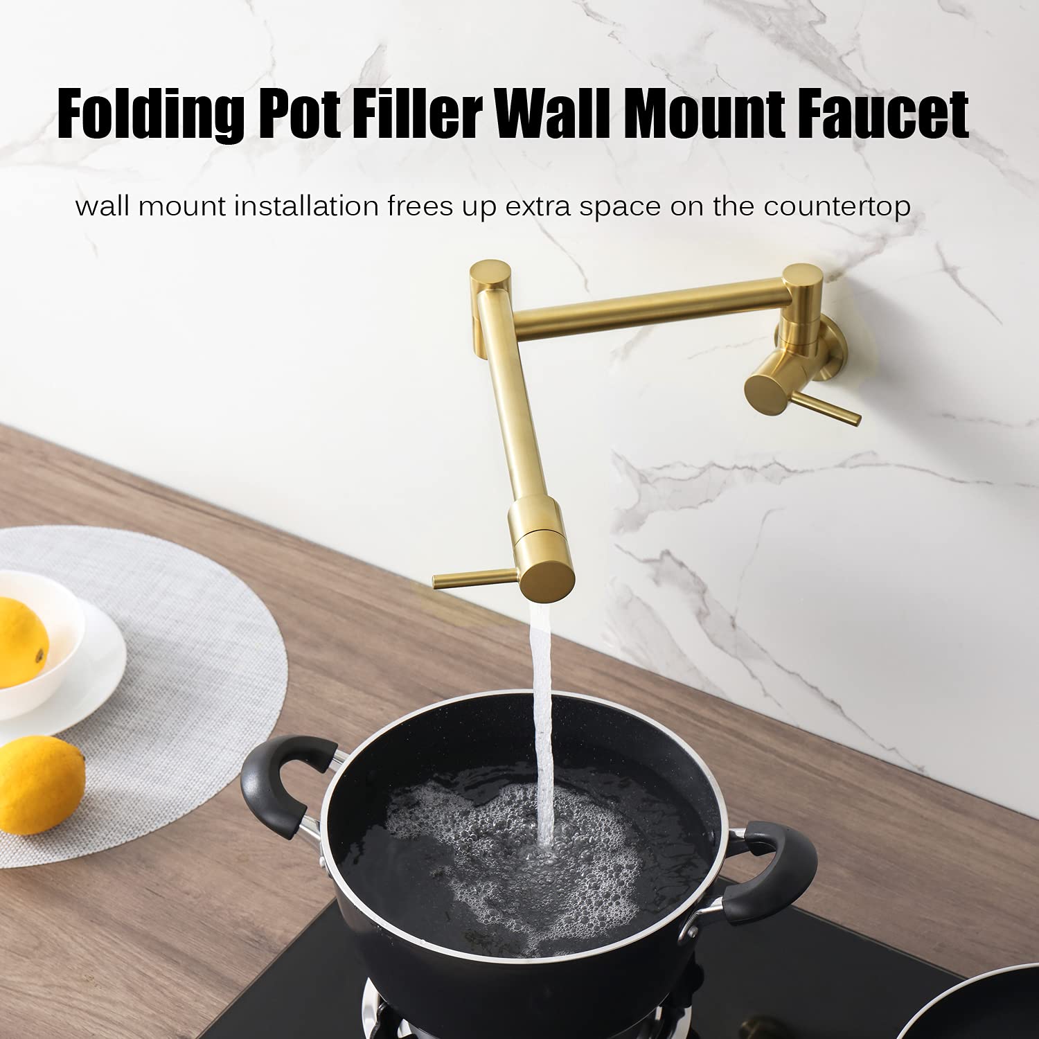 Haiyunda Pot Filler Folding Faucets,Wall Mount Pot Filler Kitchen Faucet Solid Brass,Swing Arm Folding Brushed Gold Modern Kitch