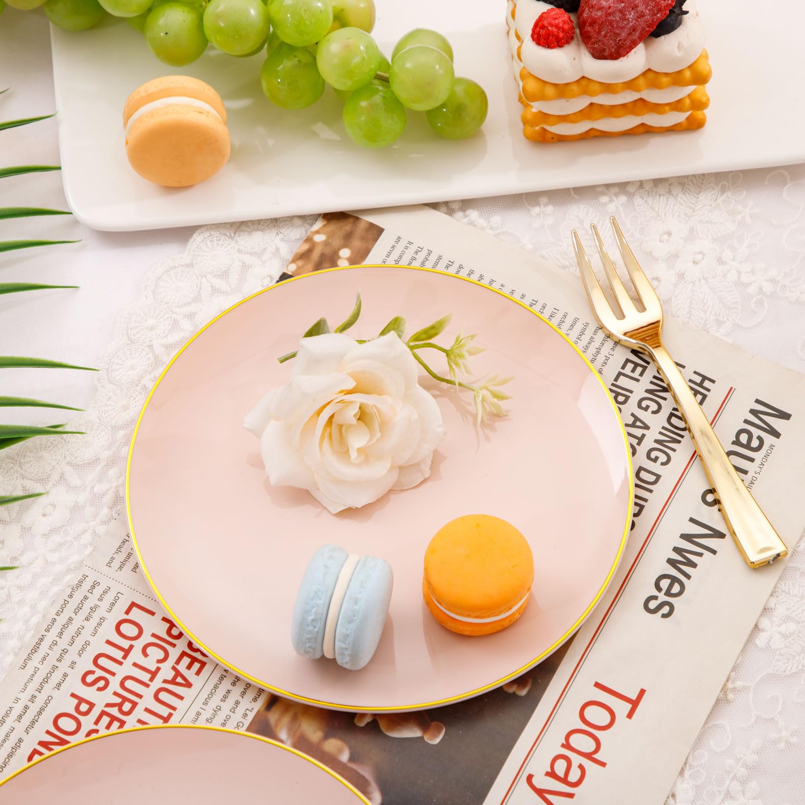 Festiva 200Pcs Pink Gold Cake Plates 6.3'' With Forks 5''- Disposable Salad Plates-Pink Dessert Plates-Appetizer Plastic Plates