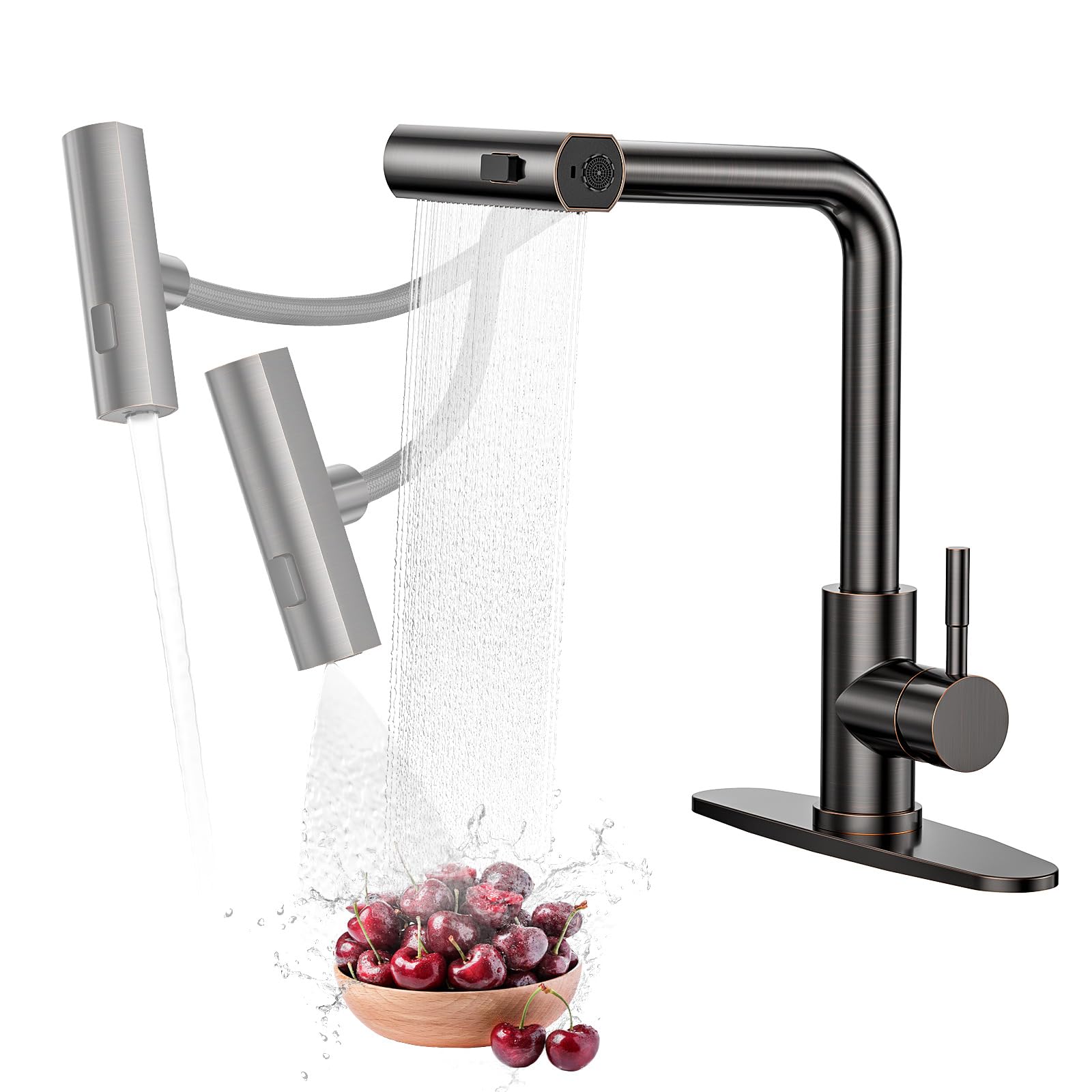 Waterfall Kitchen Sink Faucet With Sprayer: 3 Modes(Waterfall/Stream/Sweep) Pull Down Sprayer - Iviga Oil Rubbed Bronze Splash P