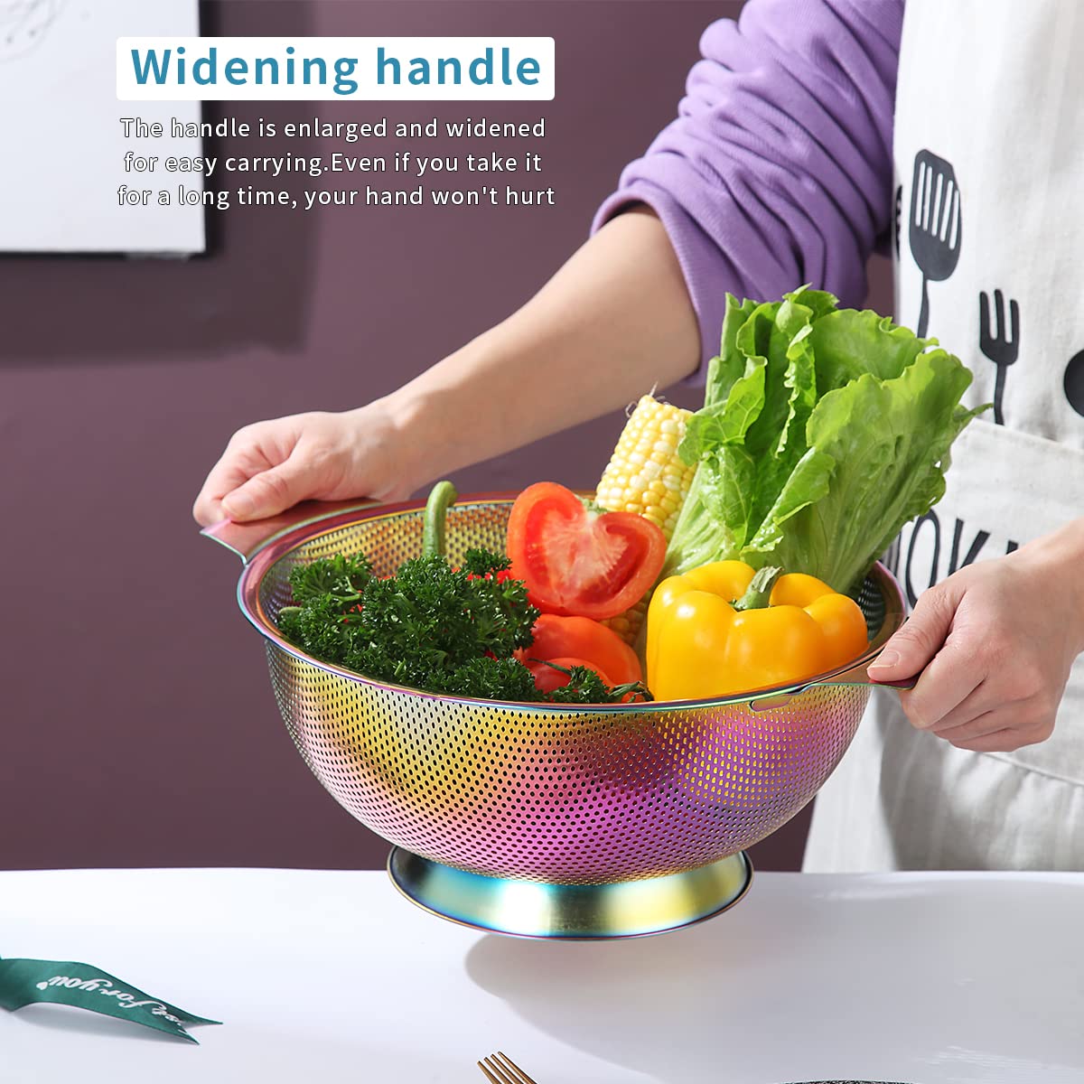 Kyraton Rainbow Colander 5 Quart, Professional Titanium Colorful Plating Stainless Steel Strainer With Heavy Duty Handles And Se