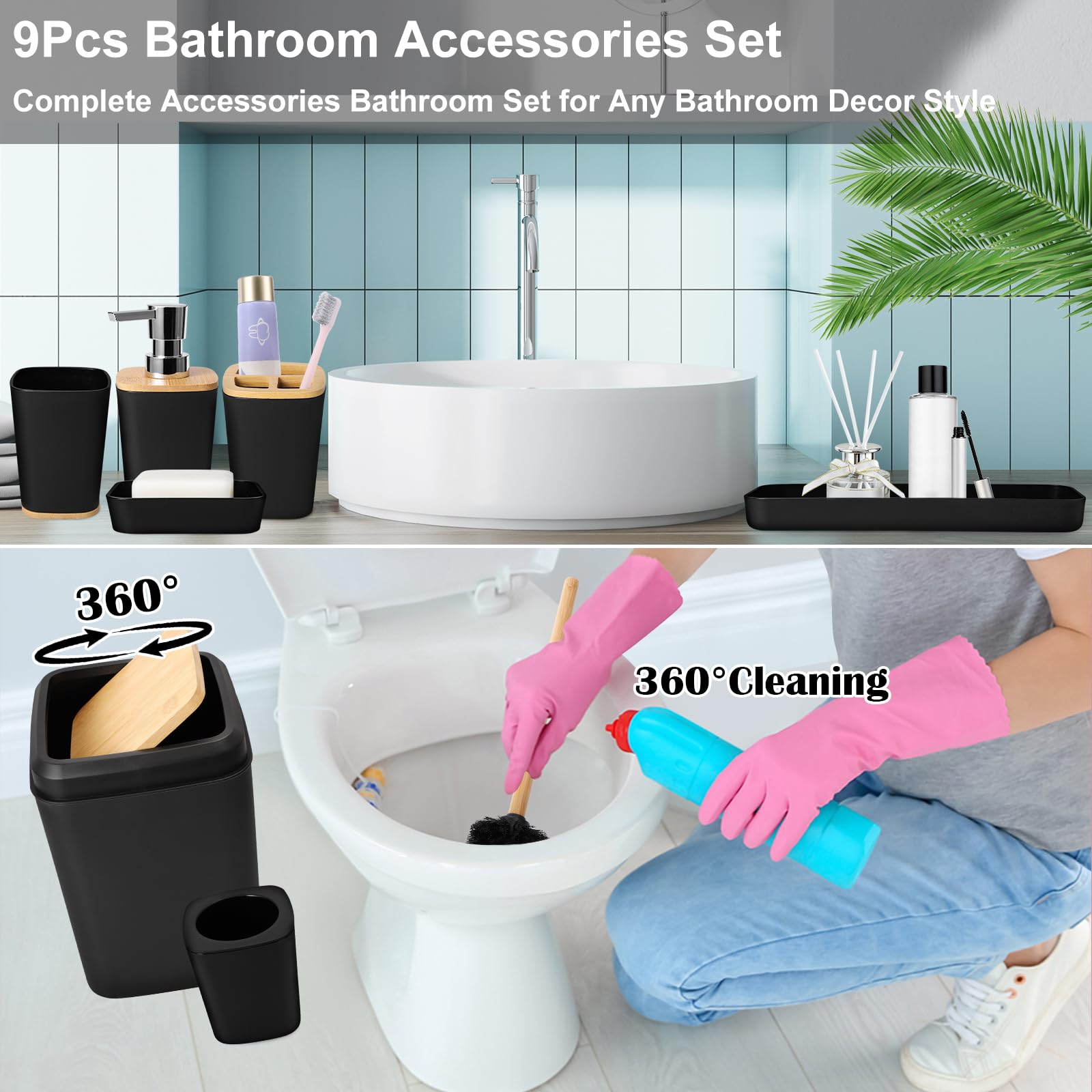 Xlhomo Bathroom Accessory Set Black Bathroom Set, 9 Piece Black Bathroom Accessories Bathroom Sets With Bathroom Trash Can Bathr