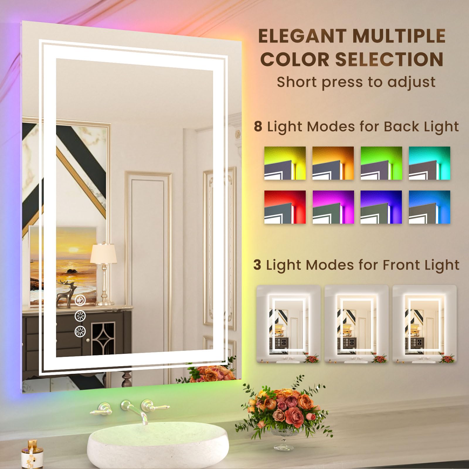 Wtty Led Bathroom Mirror 20''X28'' With Rgb Backlit And 3 Front Light,Stepless Dimmable Led Mirror For Bathroom,Lighted Bathroom