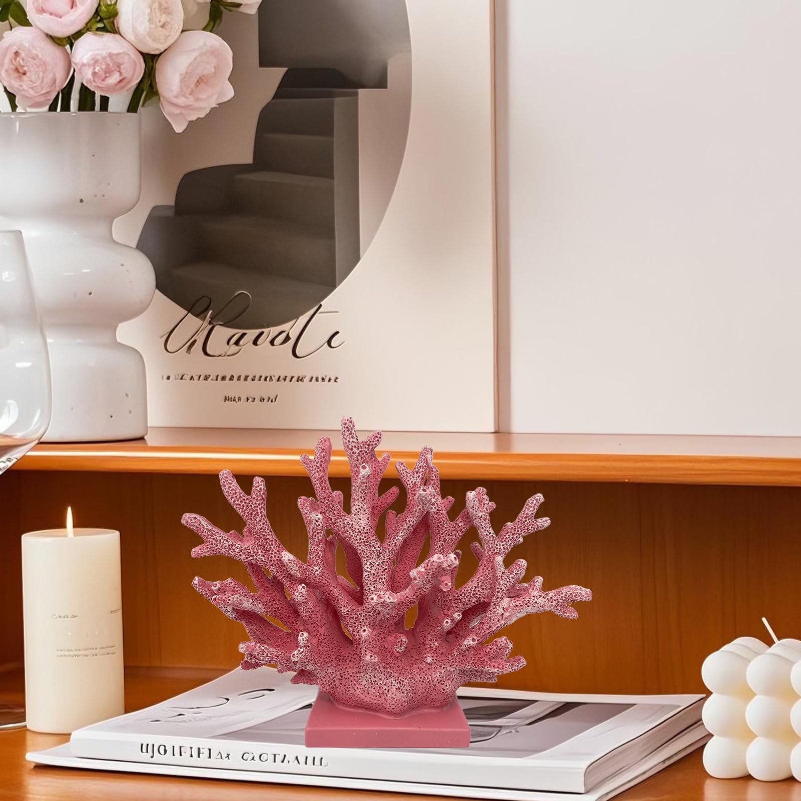 Elegondrar 5.8 H Pink Coral Decor - Resin Coral Statue, Nautical Decor for Home, Bedroom, Bathroom, Living Room, Ocean Themed Ca
