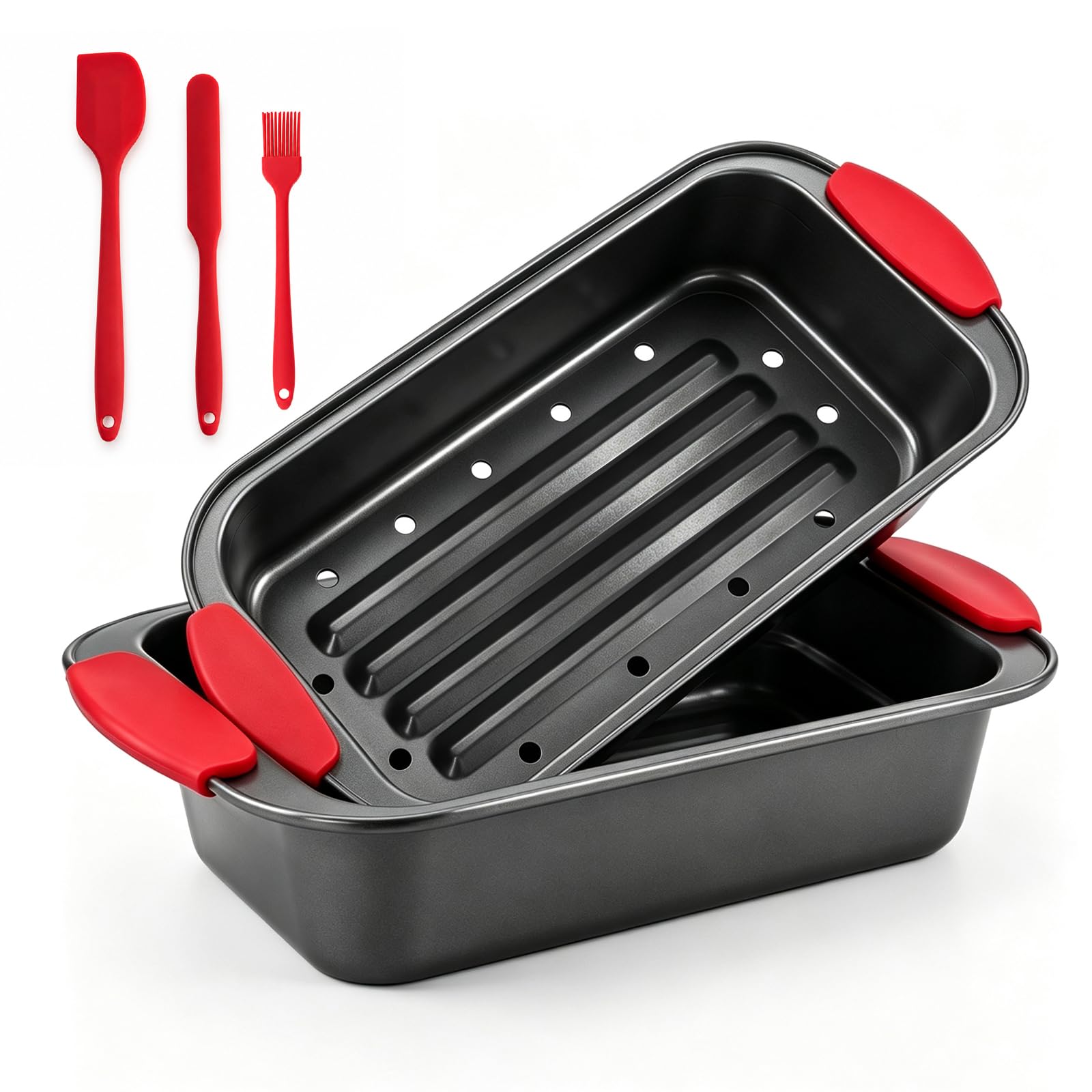 SIUNY 2 Piece Meatloaf Pan with Drain Tray, Nonstick Carbon Steel Loaf Pan with Silicone Grip, Grease Draining Insert, Includes 