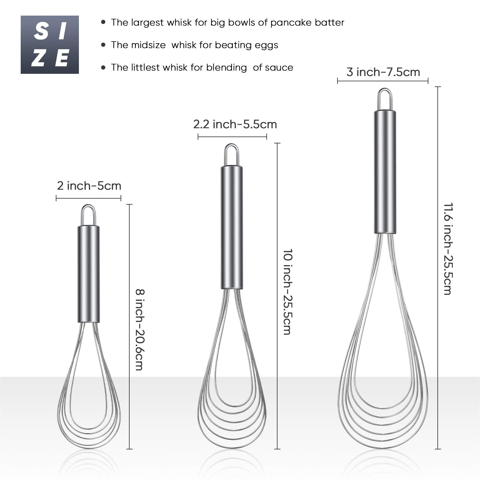 Patelai 3 Pieces Stainless Steel Kitchen Flat Whisk Set Stainless Steel Flat Wire Egg Utensils Whisk 6 Wires Egg Mixing Whisk Fo