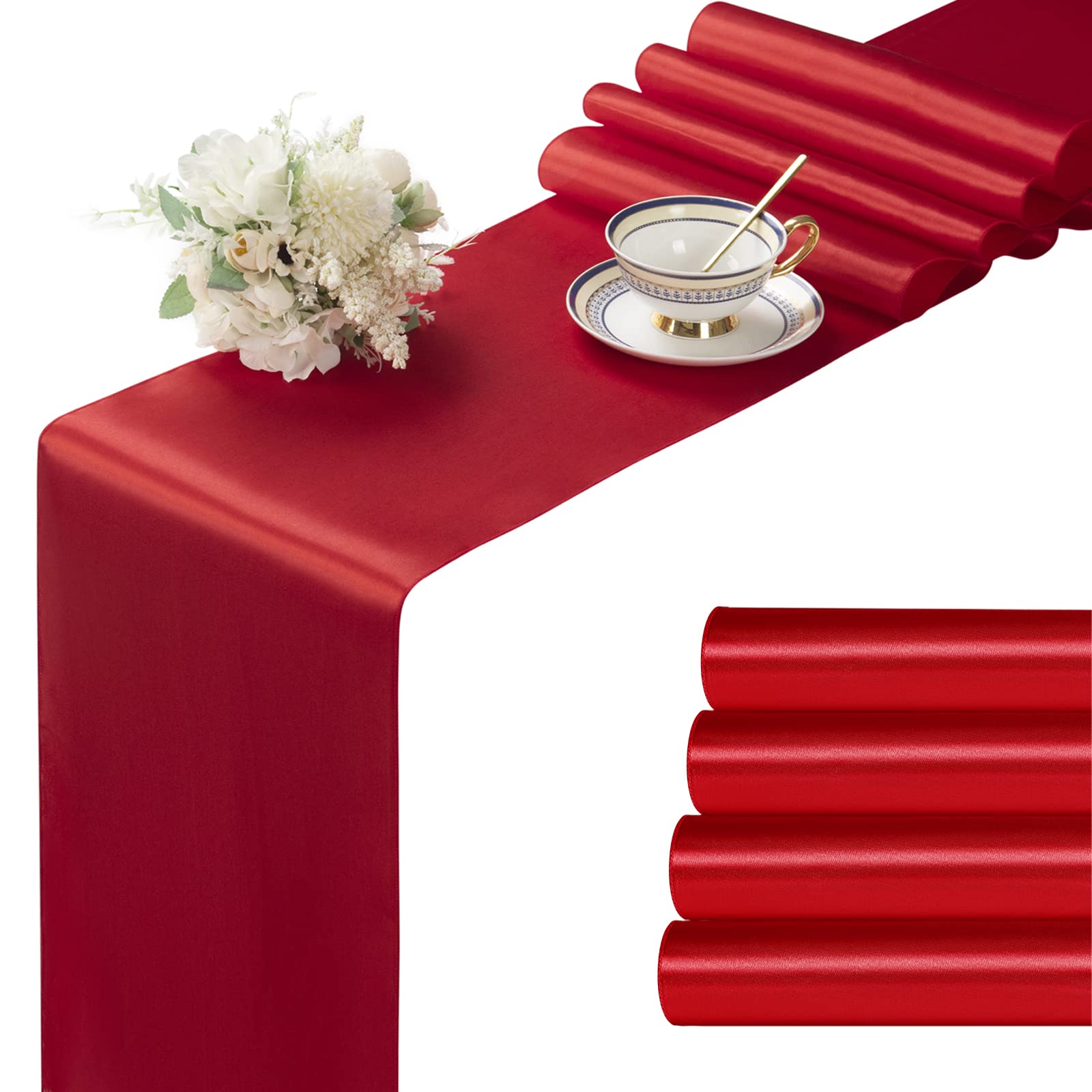 Manyshofu 4Pcs Satin Red Table Runner - 12 X 108 Inch Long Size, Party Table Runner Decor Bright & Smooth Wedding Decorations Ta
