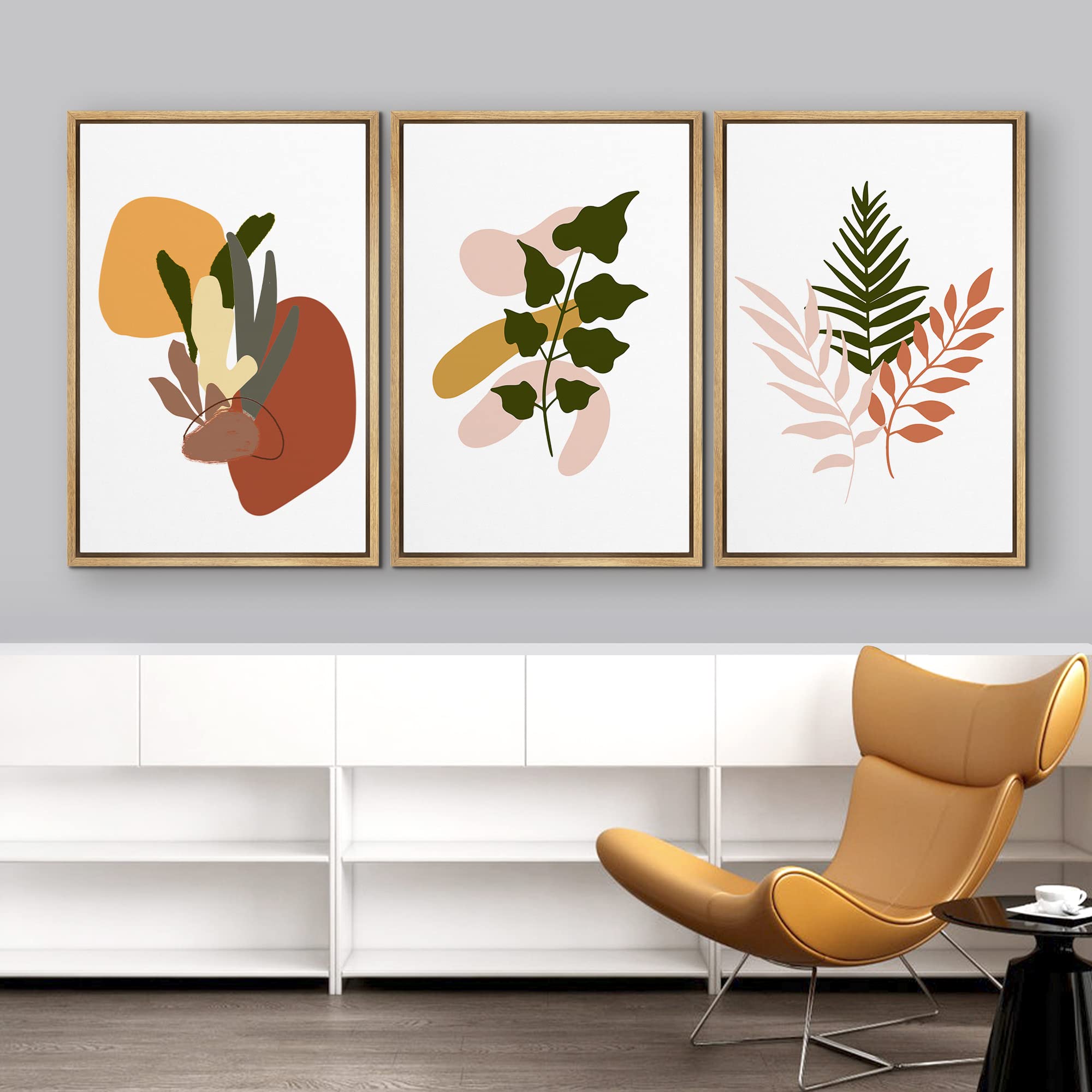 Idea4Wall Framed Wall Art Print Set Pink, Green & Brown Desert Plants & Polygons Geometric Flower Illustrations Modern Art Rusti