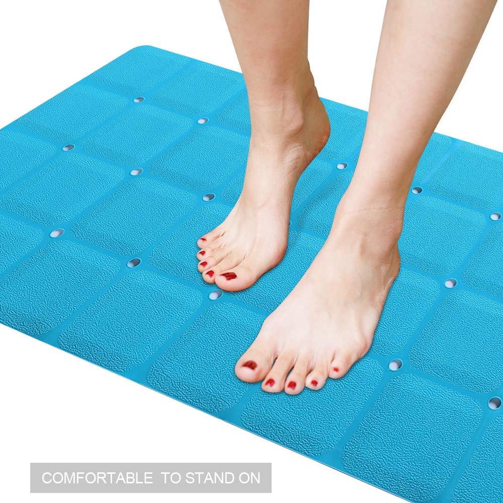 Webos Foldable Non-Slip Silicone Bath Mat, 28"x14", Blue, No Suction Cups for Textured & Reglazed Tubs