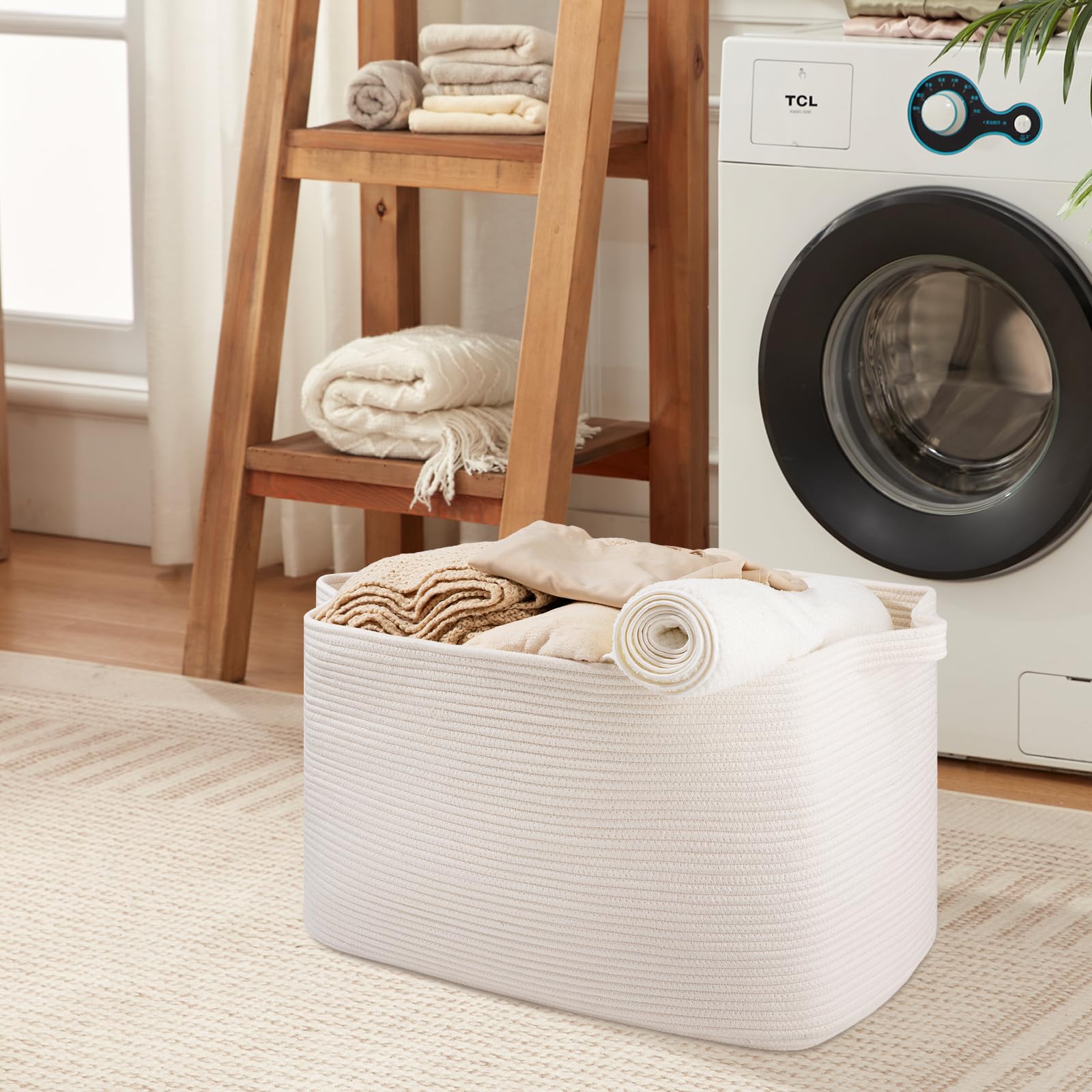 Oiasket 108L Laundry Basket For Organizing, 24.8''L X 16.2''W X 16.2''H Extra Large Blanket Basket, Rope Storage Basket For Livi