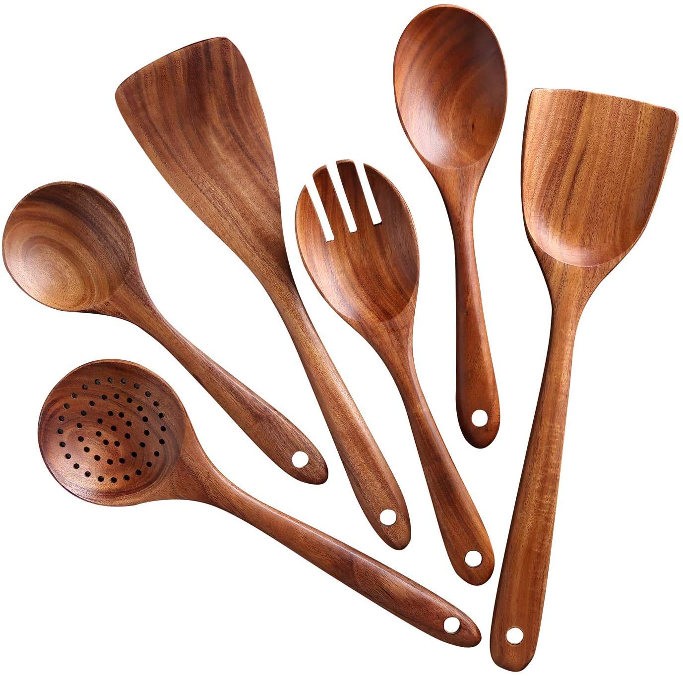 Pixlinq Teak Wooden Kitchen Utensil Cooking Spoon Set With Spatulas For NonStick Pans Wooden Utensil Cooking Set Non Scratch Na