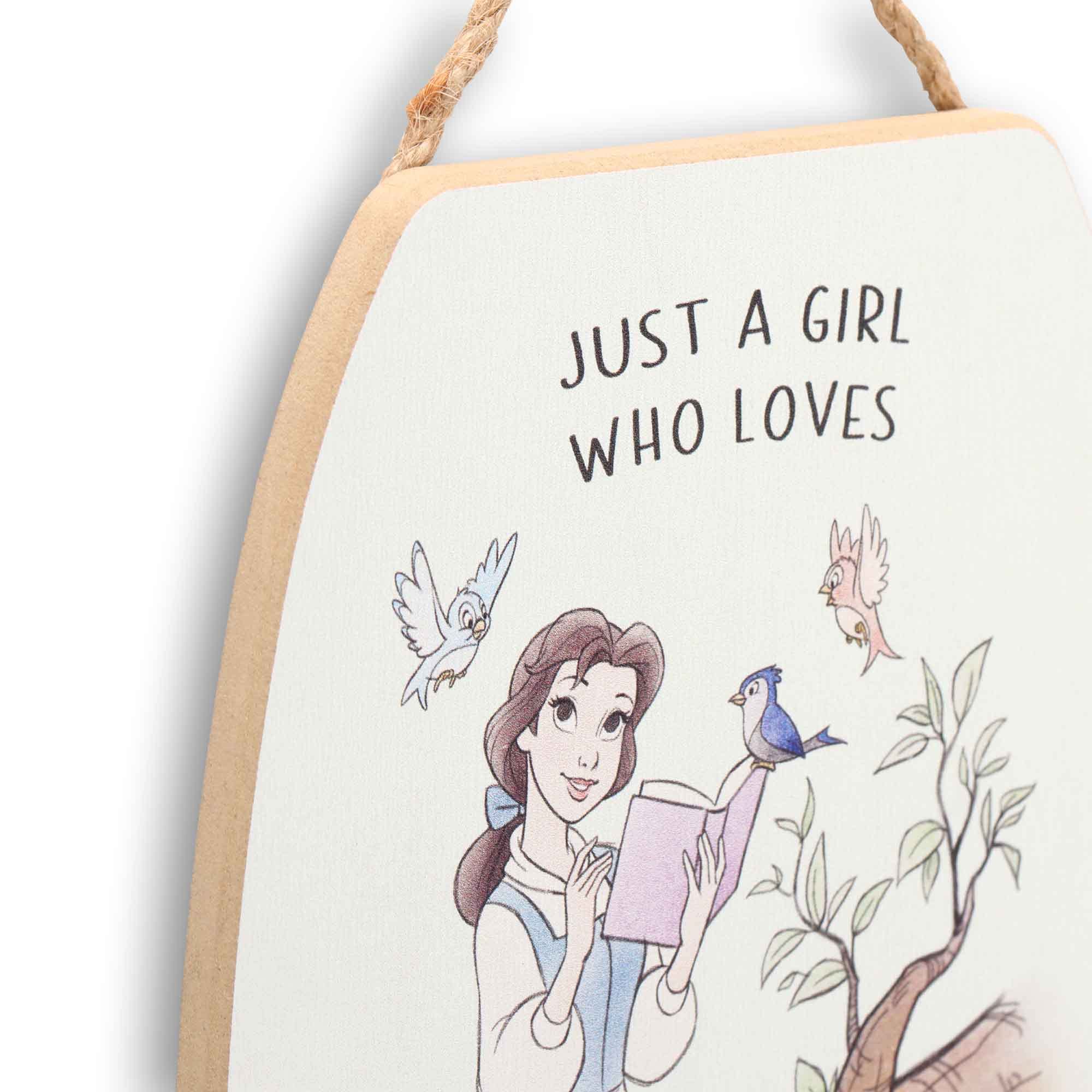 Open Road Brands Disney Beauty And The Beast Just A Girl Who Loves Books Hanging Wood Wall Decor - Cute Belle Decoration For Kid