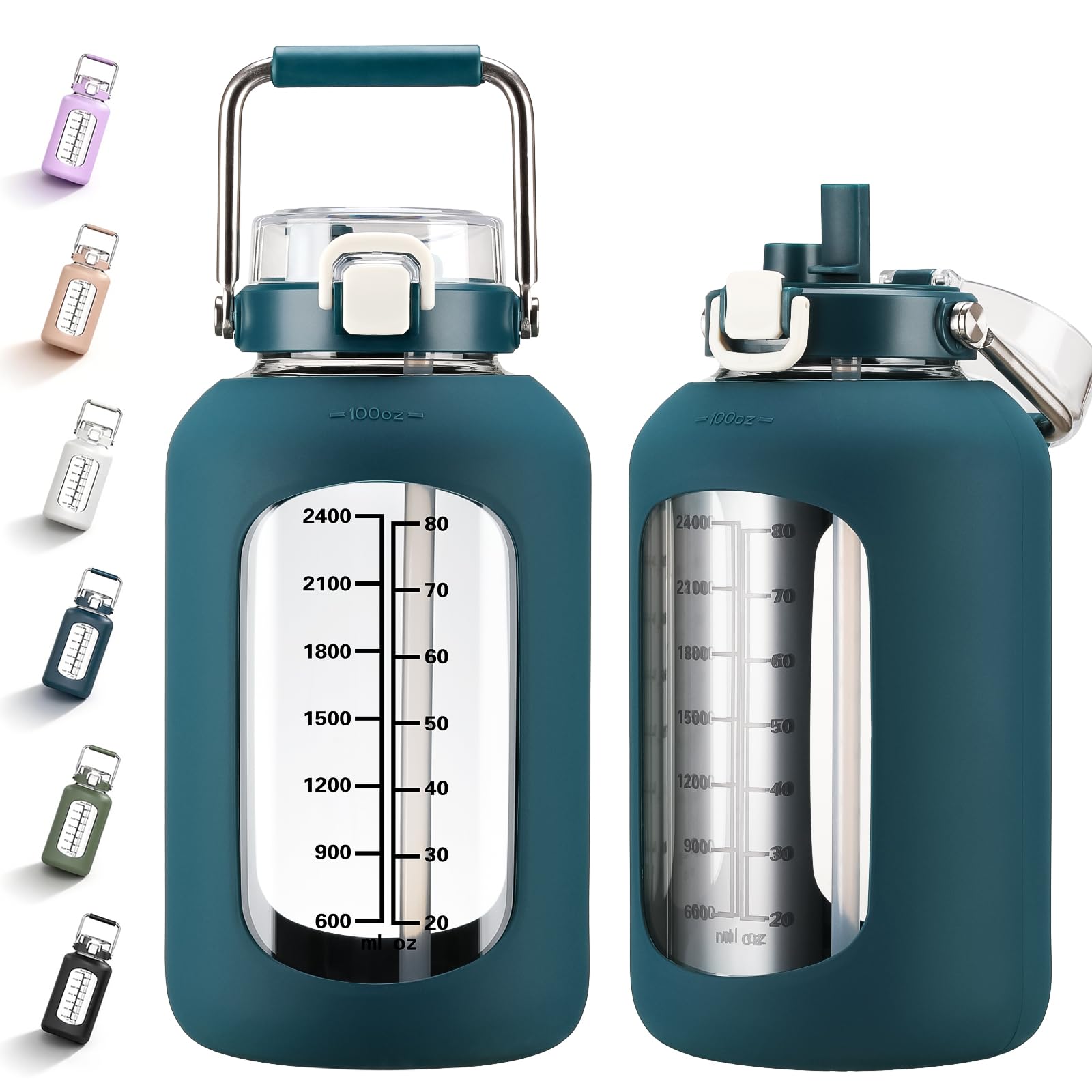 MUKOKO 100oz Glass Water Bottle with Time Marker and Silicone Sleeve 3L Large Water Jug with Stainless Steel Handle Gallon Drink