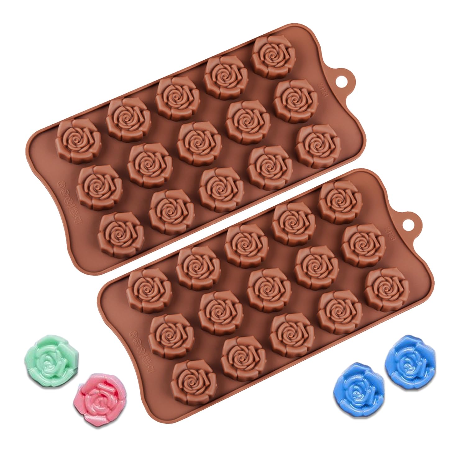 2 Pcs Rose Silicone Molds, 15-Cavity Mini Flower Shape Silicone Molds, Non-Stick Silicone Rose Chocolate Candy Baking Molds For