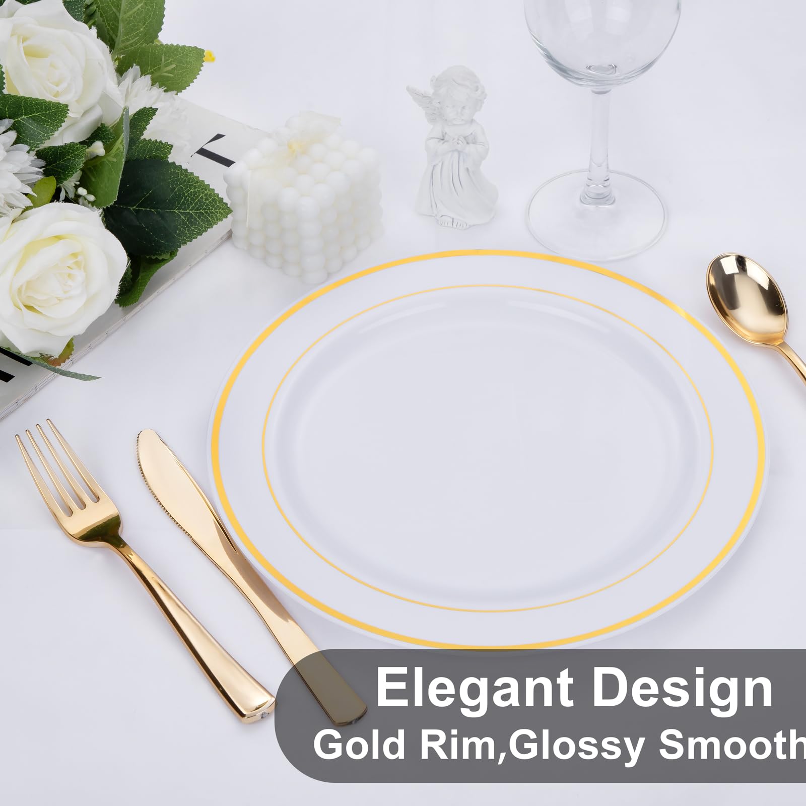 Wellife 72Pcs Gold Plastic Plate, 10.25Inch Disposable Dinner Plate Party With Gold Rim, Heavy Duty Disposable Plastic Plates Fo