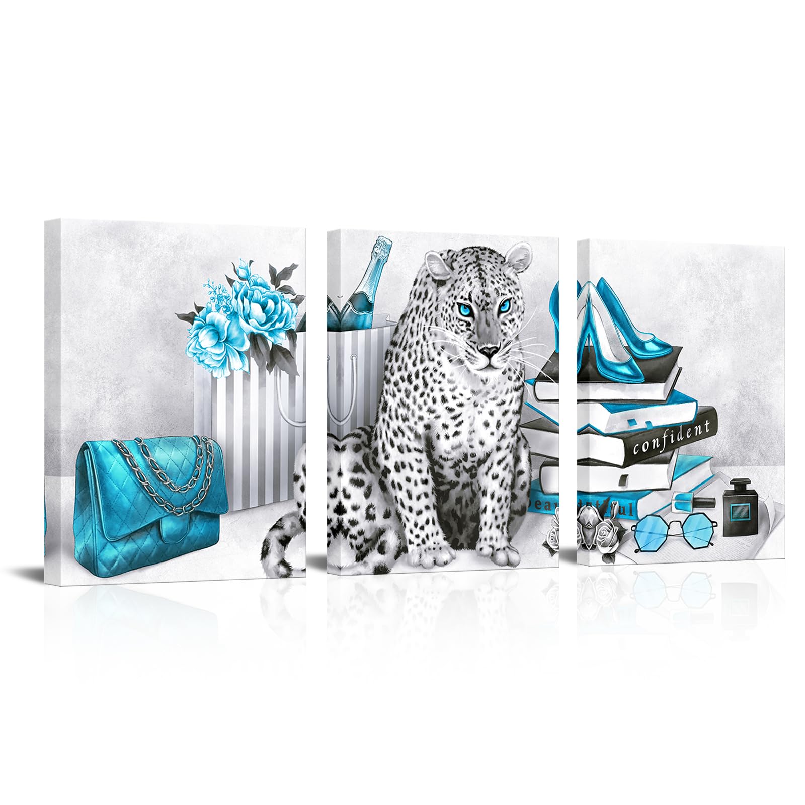 Visual Art Decor Turquoise And Grey Wall Art Leopard Decor Painting Canvas Prints Girls Bedroom Bathroom Wall Decor 12Inchx16Inc