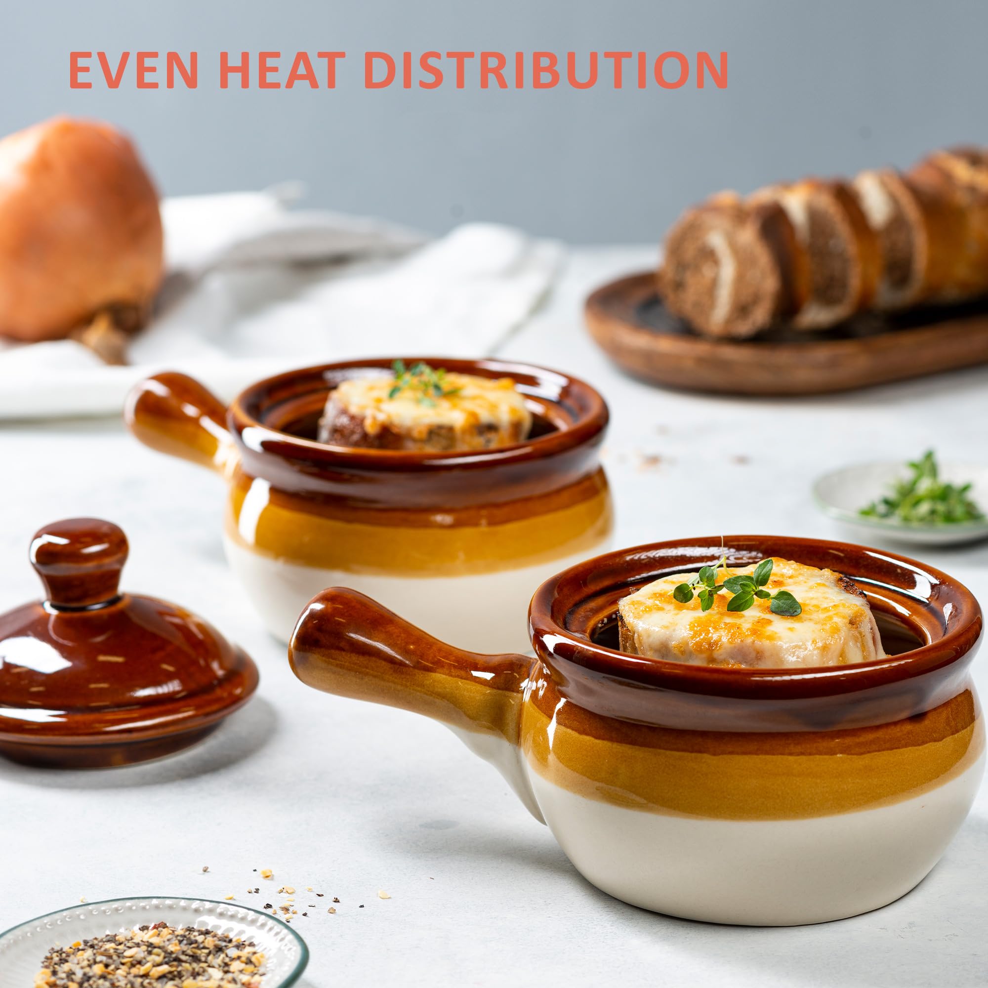 Kook French Onion Soup Crocks With Lids, Ceramic Bowls, Large Handles, Dishwasher, Microwave, Oven & Broil Safe, Brown/White, Se