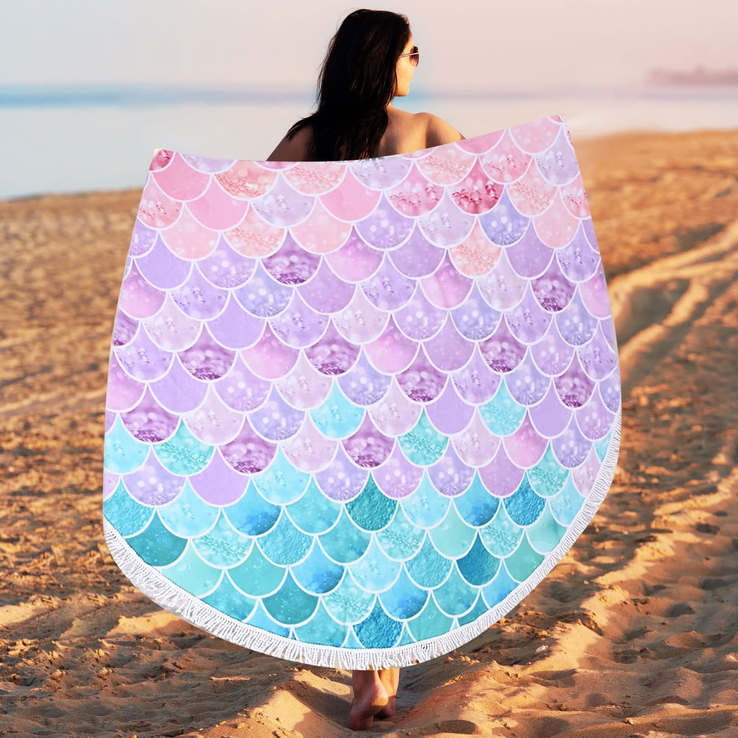 Oversized Round Little Mermaid Beach Towel For Girls Women, Lightweight Microfiber Picnic Pool Swimming Bath Towel With Fringe,