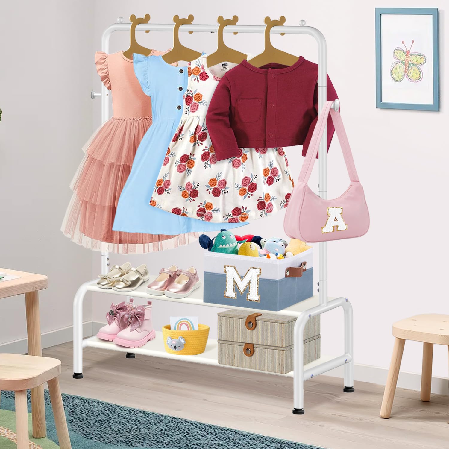 Kids Clothing Rack - Kids Dress Up Clothes Storage Racks - Baby Toddler Closet - Freestanding Coat Rack With 2 Fabric Shelves -