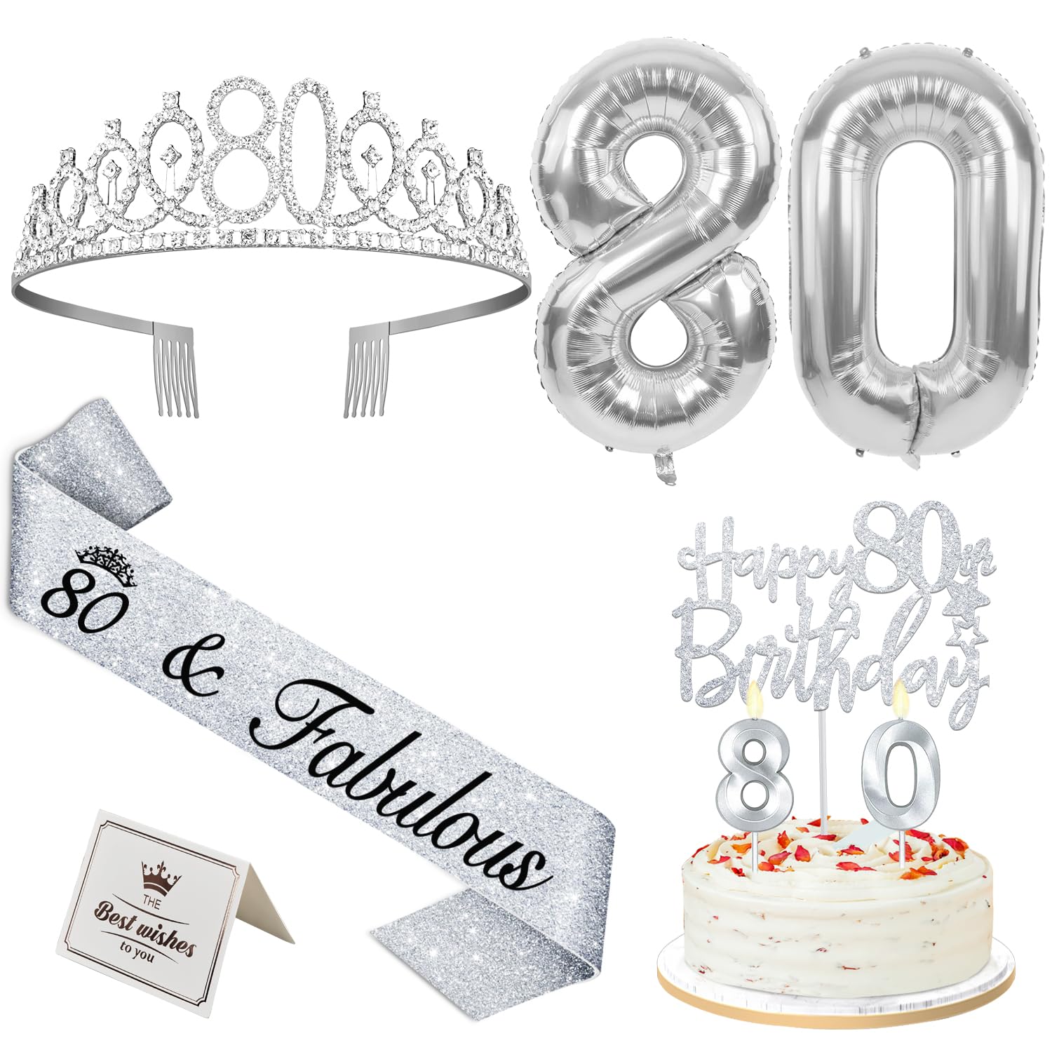 80th Birthday Decorations for Women Silver with 80th Birthday Sash and Crown, Cake Topper and Candles, Silver Number Balloons, 8