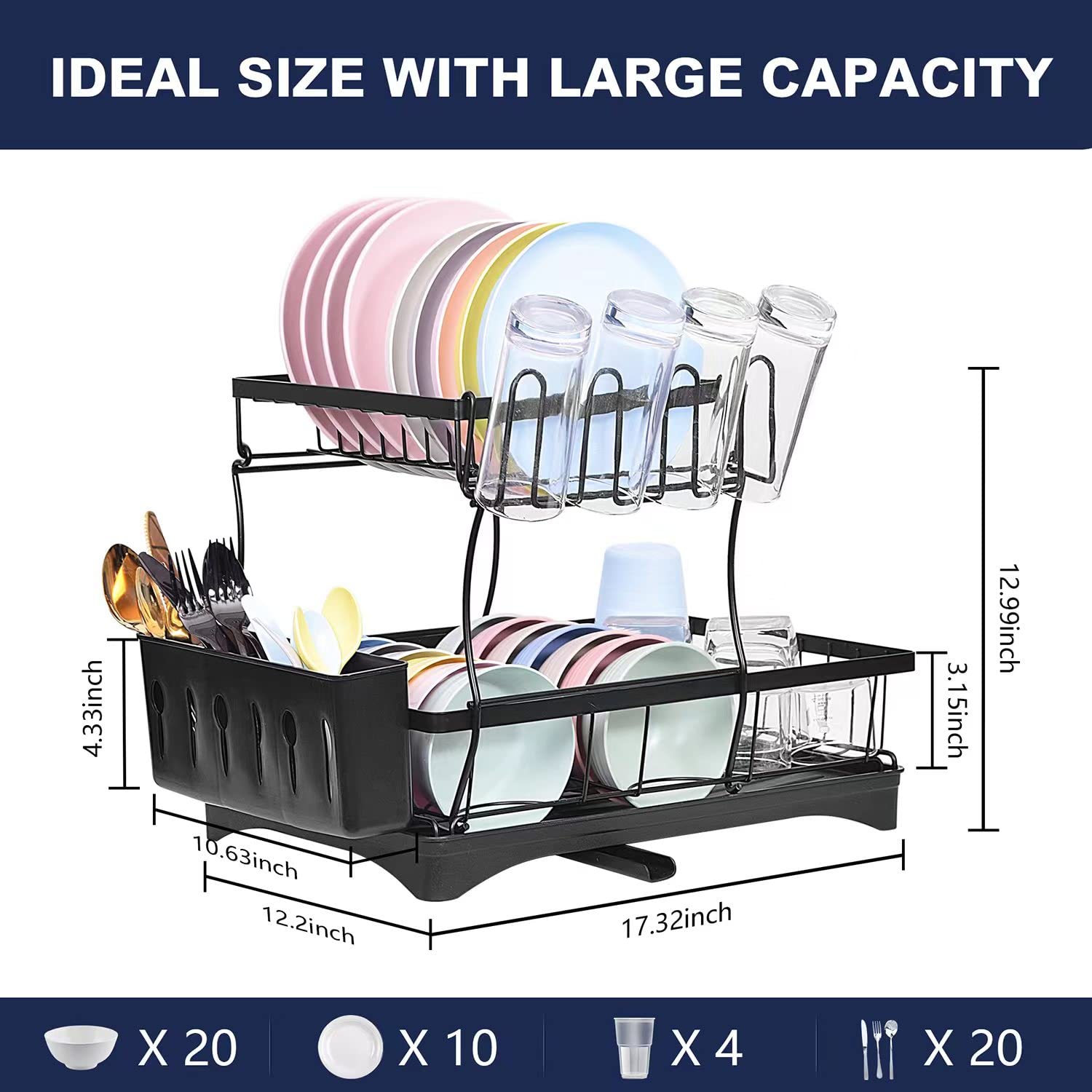 Anvori 2 Tier Large Kitchen Dish Drying Rack With Drainboard Stainless Steel, Dish Racks Drainers For Kitchen Counter Rust-Proof