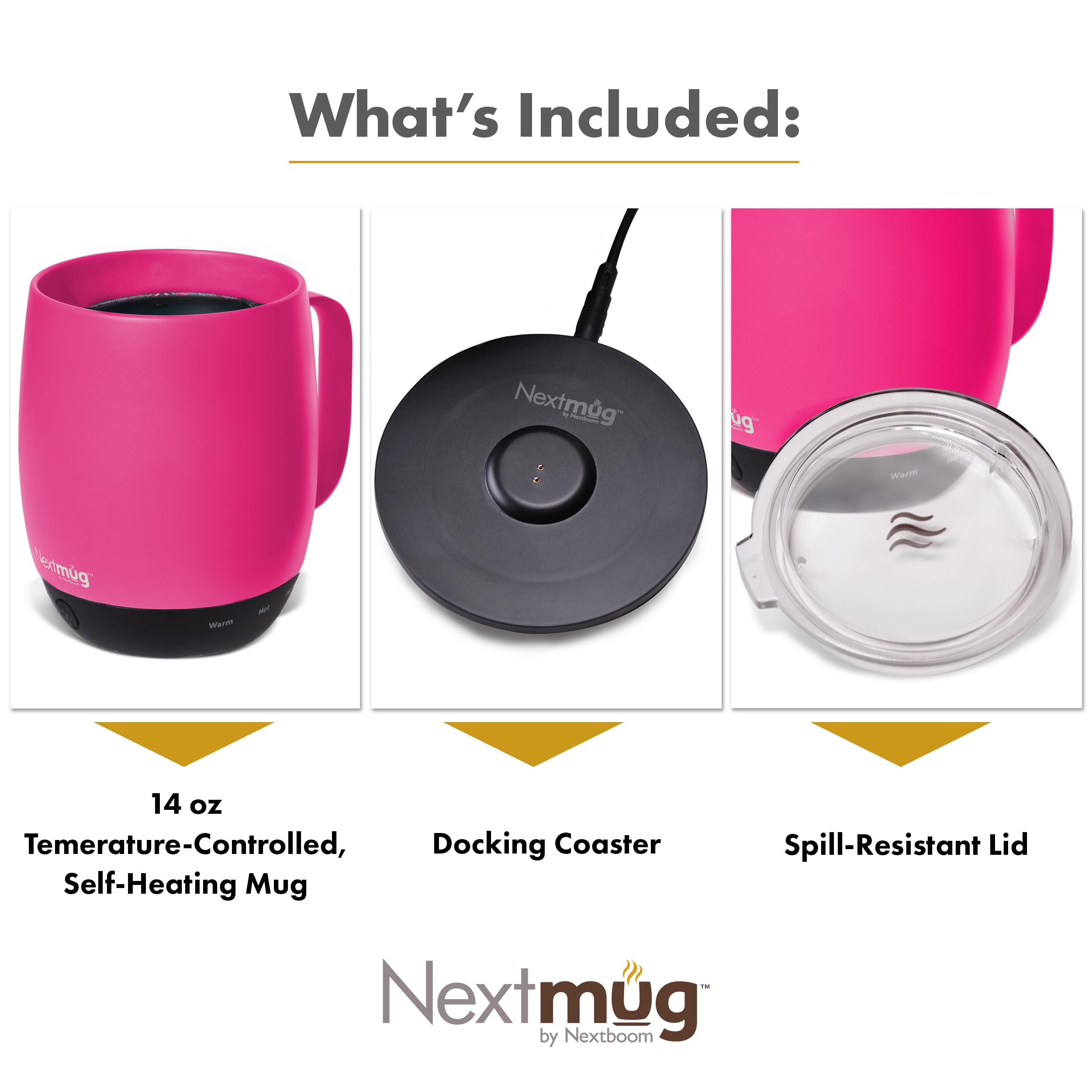 Nextmug - Temperature-Controlled, Self-Heating Coffee Mug (True Pink - 14 Oz.)