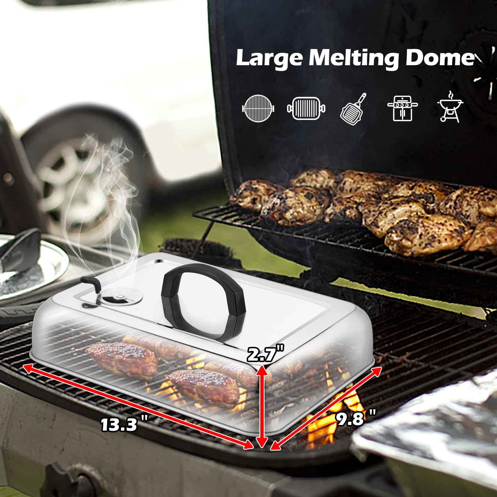 Rectangular Melting Dome 2Pcs, Hasteel 13.3 X 9.8In Stainless Steel Bating Steaming Cover, Heavy Duty Solid Griddle Lid & Grill