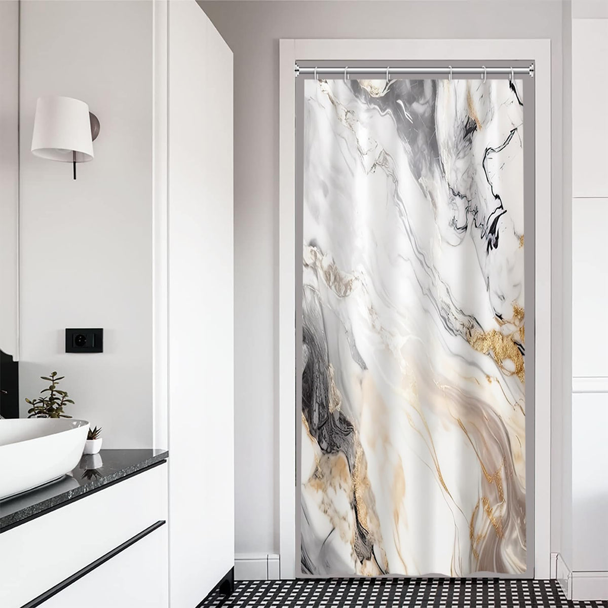 Ruelvth Stall Shower Curtain, White And Gray Marble Small Shower Curtain Modern Waterproof Fabric Rv Shower Curtain Set With Hoo