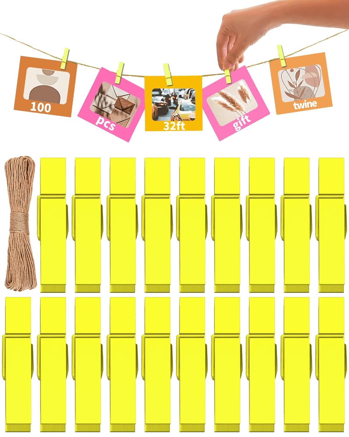 Mini Clothes Pins For Photo, Yellow Small Colored Clothespins 100 Pack Wooden Rainbow Colorful Picture Clips With 32 Ft String F