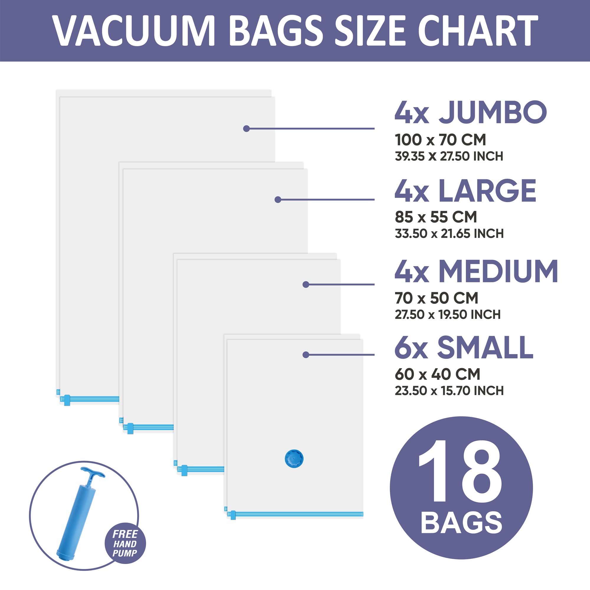 18 Space Saver Vacuum Storage Bags  Vacuum Sealed Storage Bags (4 Jumbo/4 Large/4 Medium/6 Small) with Hand Pump  Vacuum Seal Bags for Clothing  Comforters  Pillows  Towel  Blanket Storage  Bedding