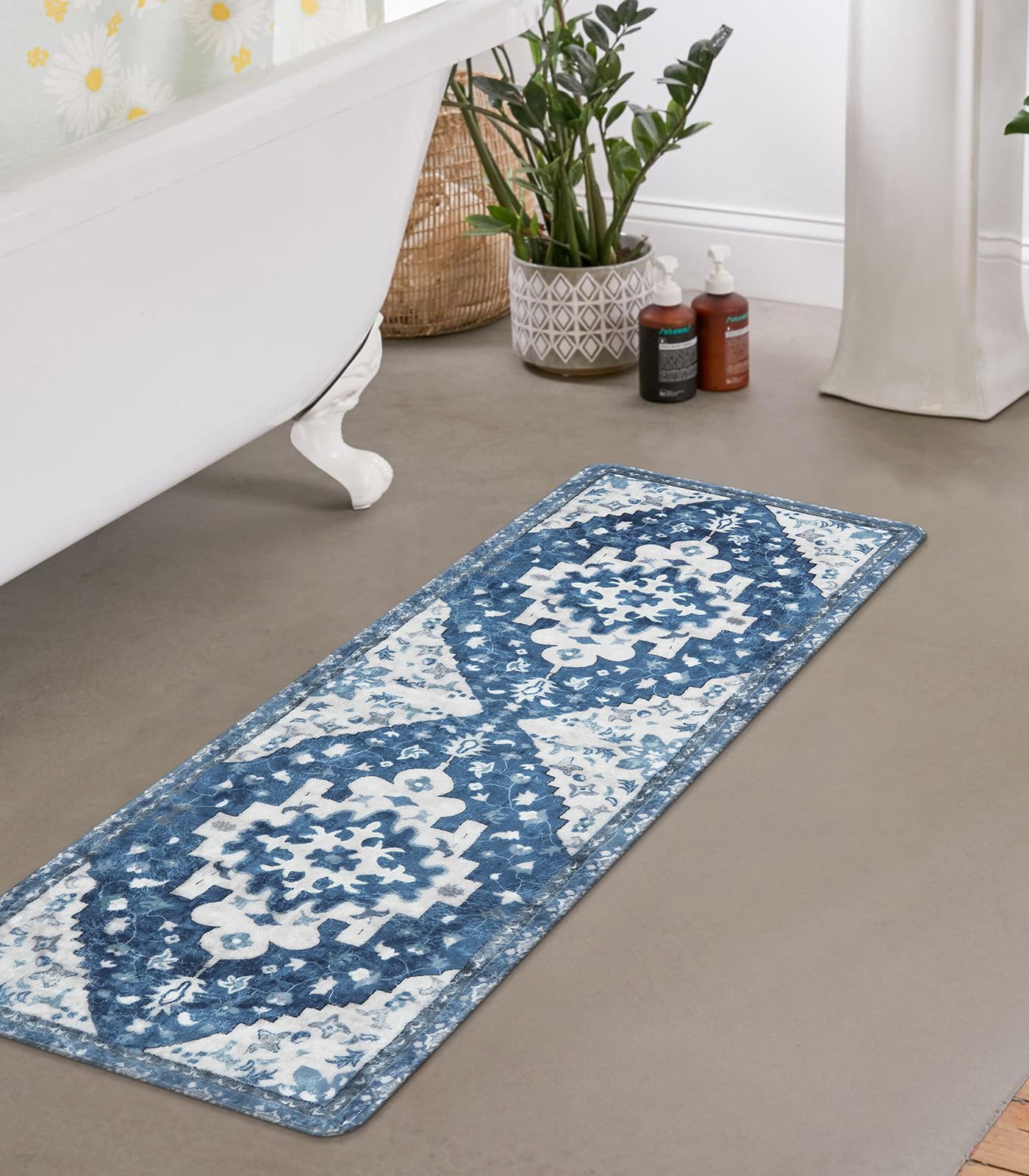 Uphome Boho Retro Bathroom Rug Runner Blue Non-Slip Soft Bath Mat Oriental Tribal Machine Washable Bath Rug Traditional Farmhous