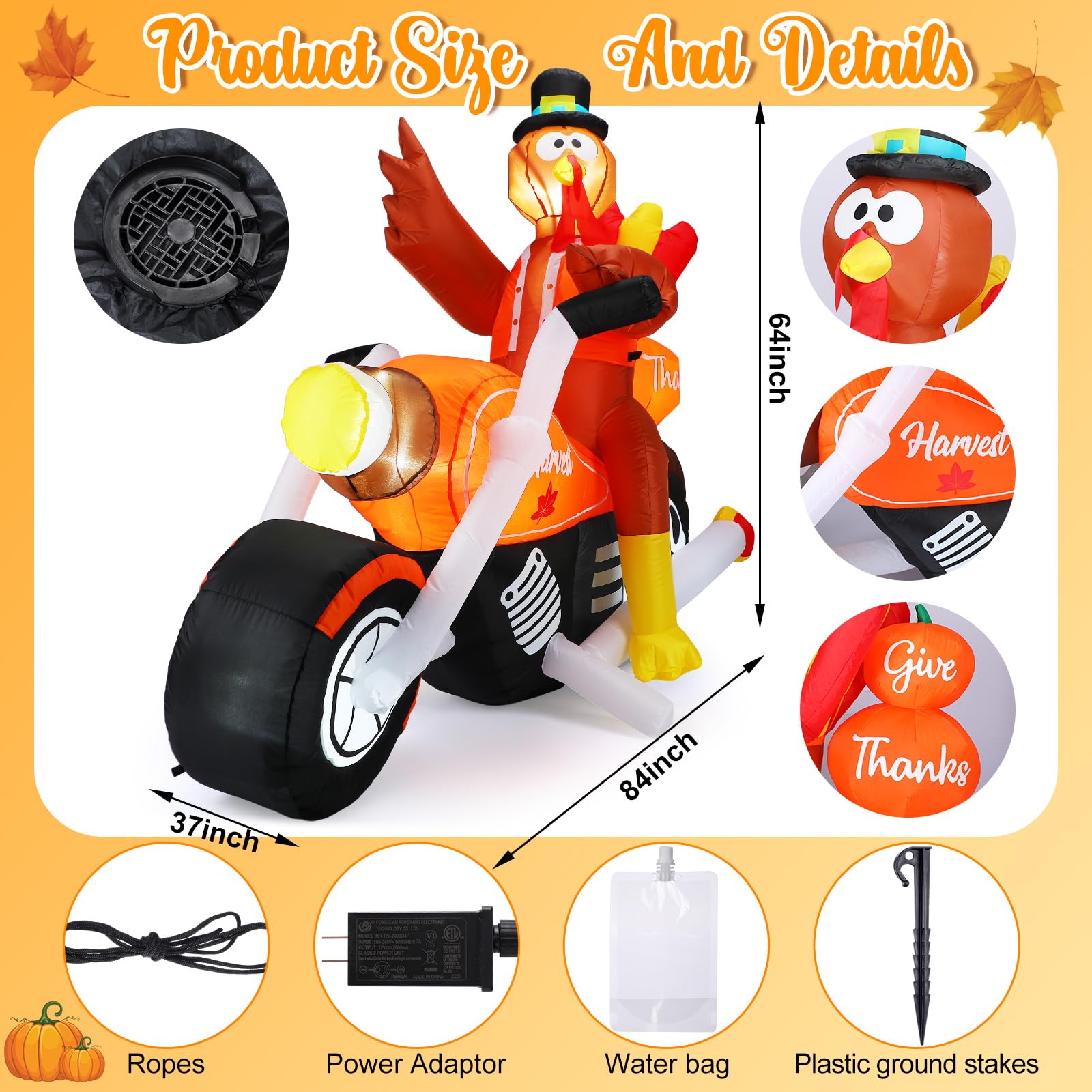 Leyndo 7 Feet Thanksgiving Inflatables Turkey Riding Motorcycle Decoration Outdoor Turkey Blow up Yard Decoration with LED Light