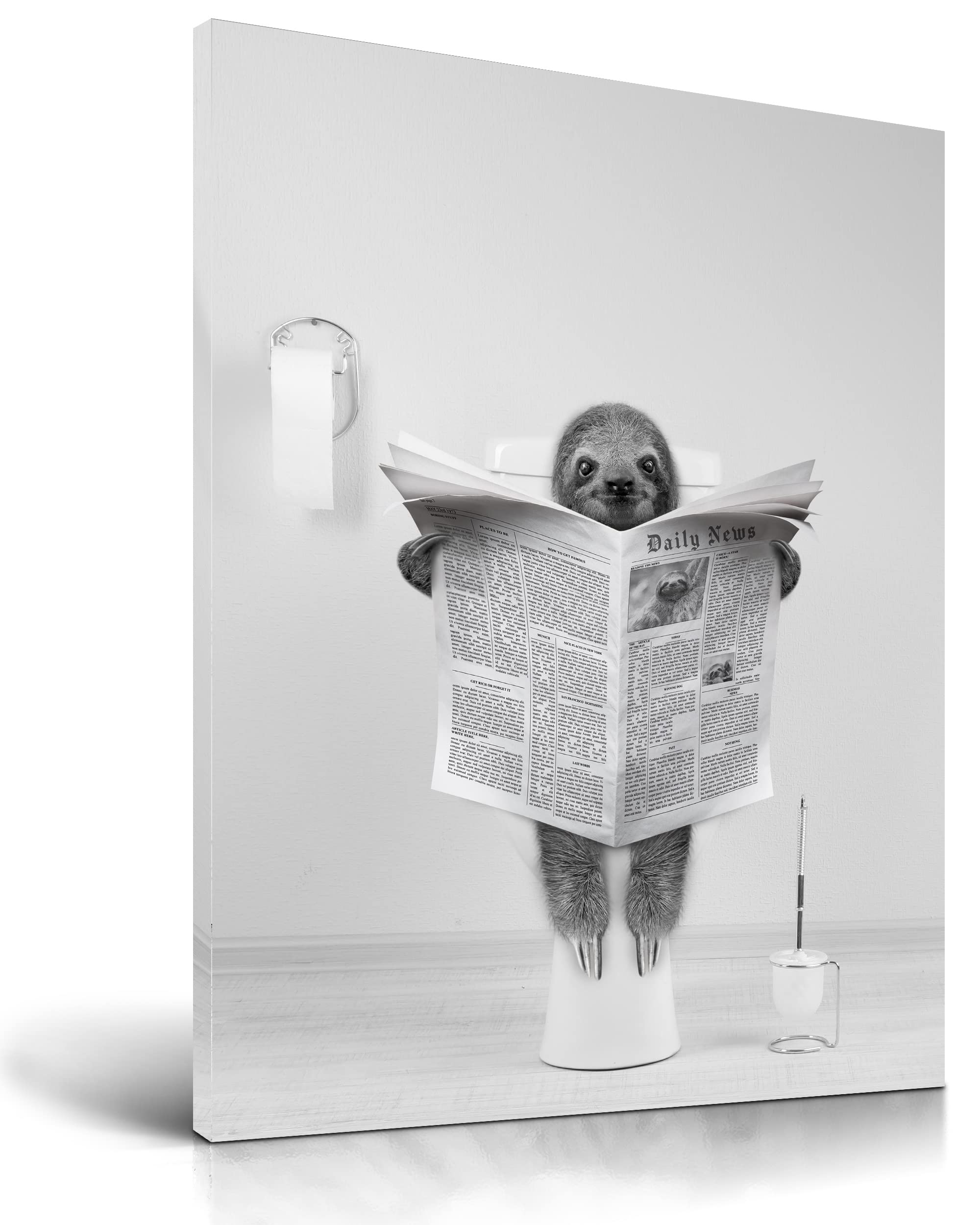 Upwoigh Bathroom Wall Art,12X16In Black And White Sloth Wood Wall Decor,Animal Reading Newapapers Abstract Prints For Bedroom Cl