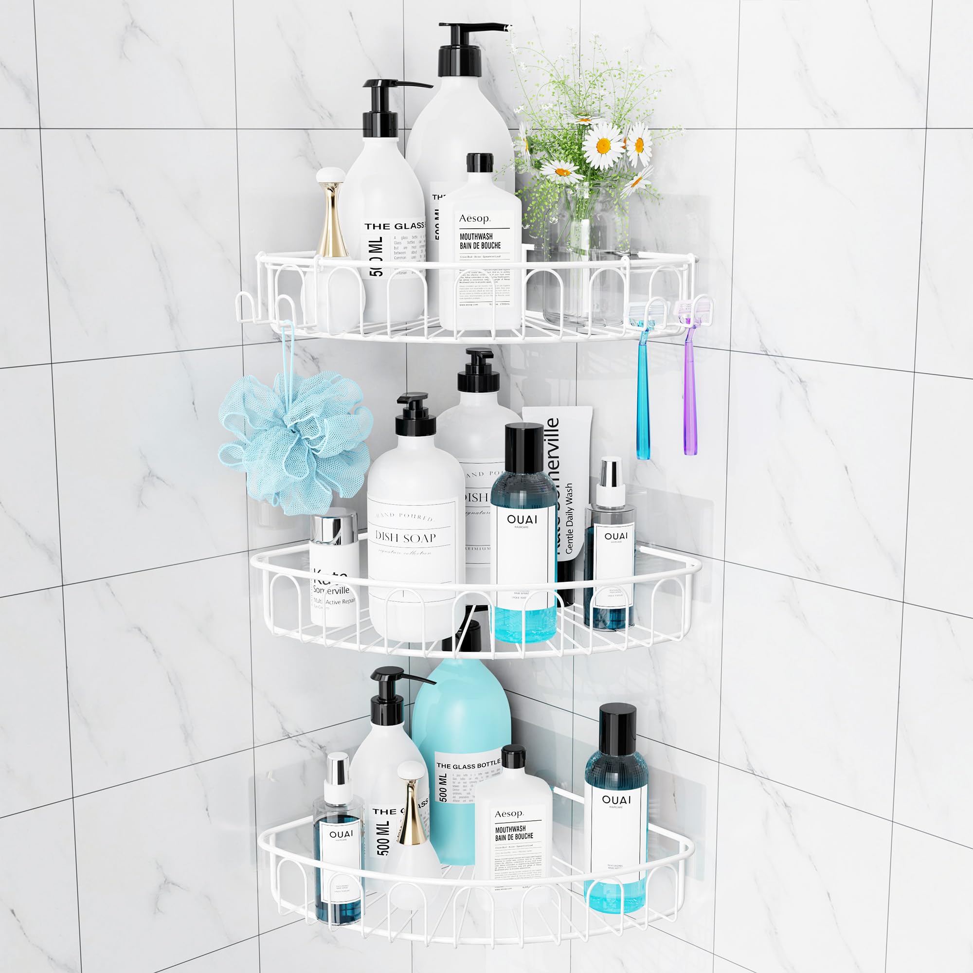 Orimade Corner Shower Caddy Stainless Steel with Hooks Wall Mounted Bathroom Shelf Storage Organizer Adhesive No Drilling 3 Pack