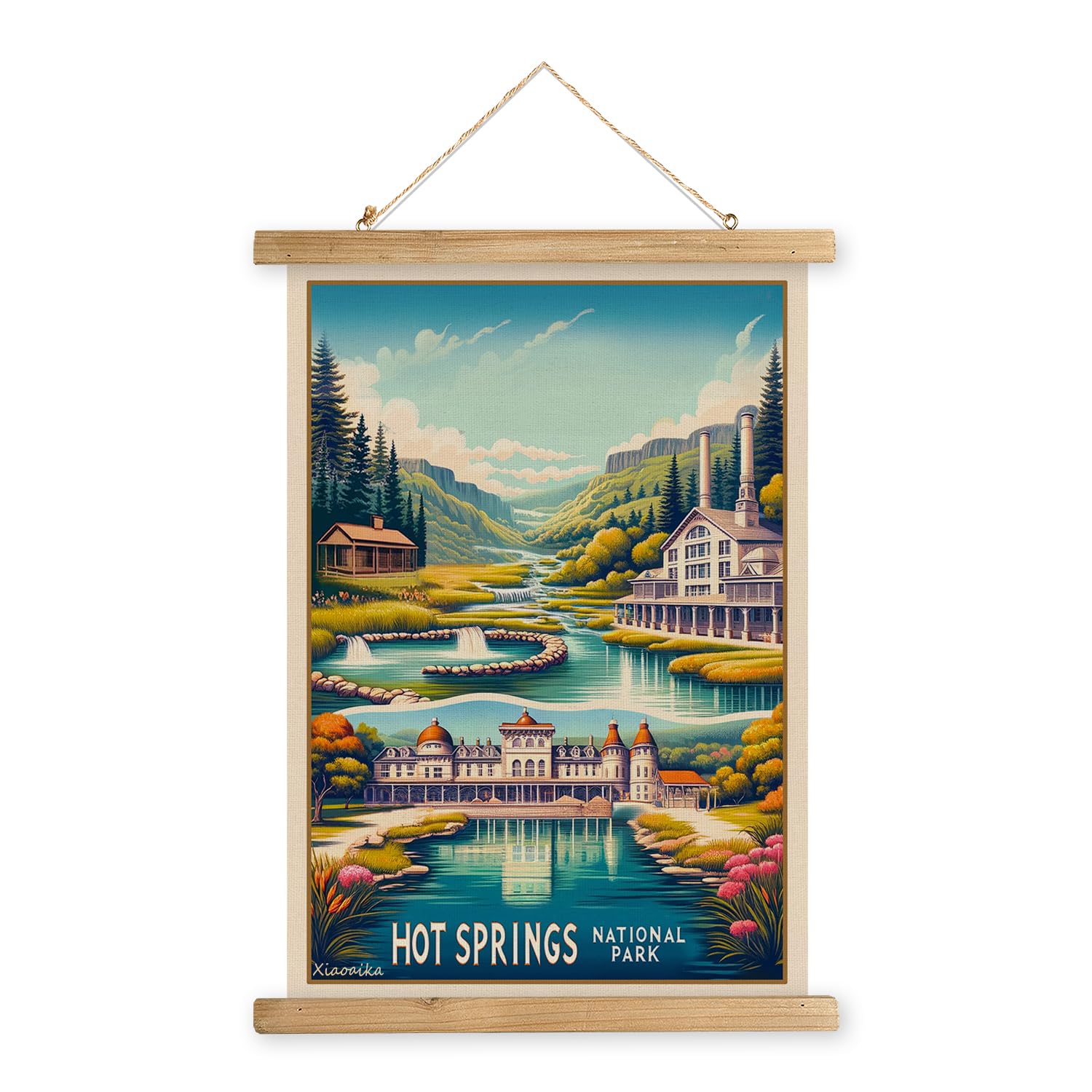 Xiaoaika Vintage Hot Springs National Park Travel Poster With Wooden Scroll Frame - Living Room, Bedroom, Home, Office Retro Art