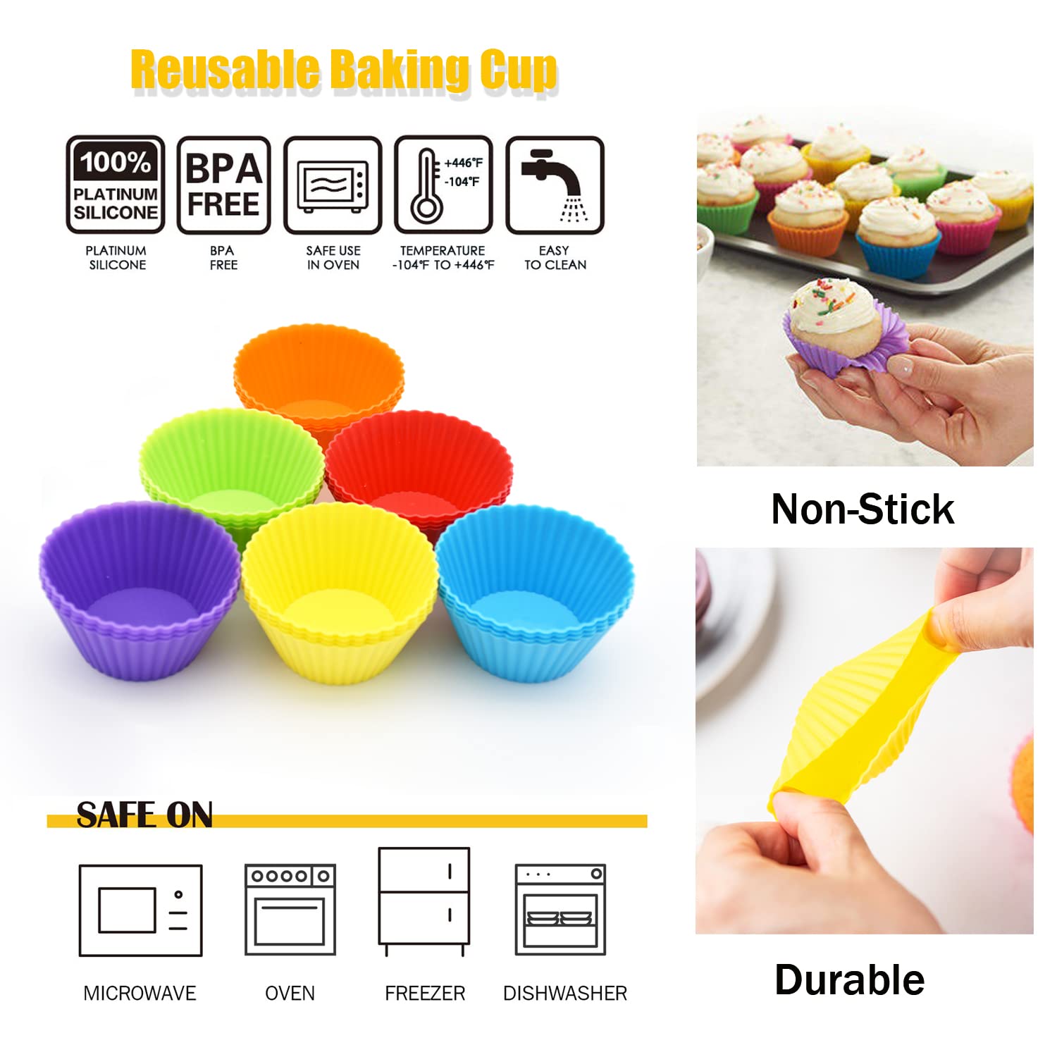 Silicone Cupcake Baking Cups 24 Pack, Reusable & Non-Stick Muffin Cupcake Liners Holders Set For Party Halloween Christmas, Easy