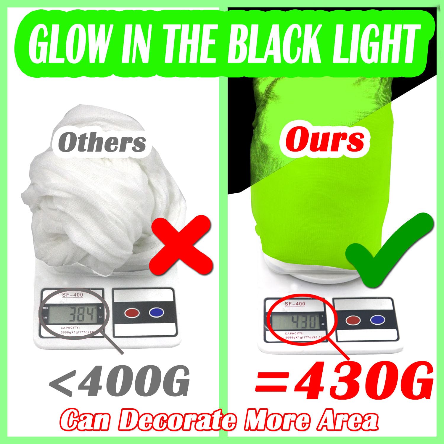 YHFUISK 1400 Sqft Giant Green Durable Halloween Decorations Outdoor Beef Netting for Glow in The Dark Spider Web, Green Giant Sp