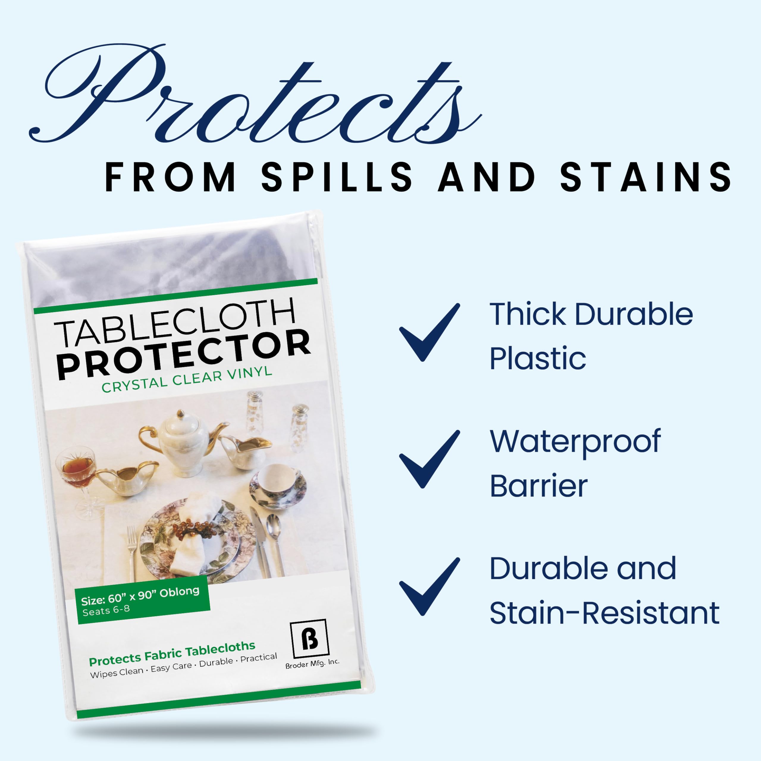 Broder Mfg. Inc. Tablecloth Protector Crystal Clear Vinyl (60X90 Oblong) | Thick, Durable Clear Table/Tablecloth Protector |