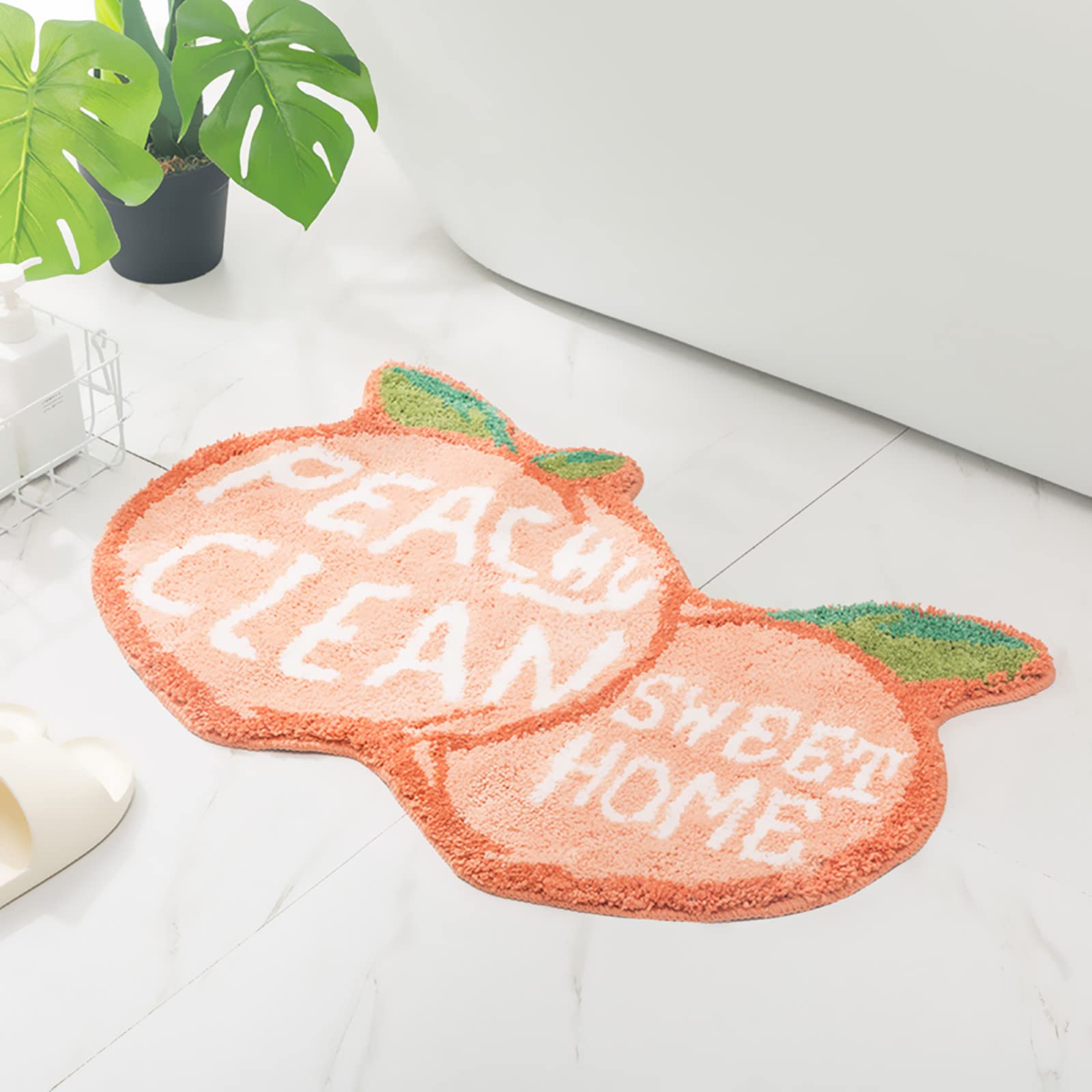 Ukeler Non Slip Bath Rug For Kids Coral Pink Peach Shape Bathroom Decor Absorbent Shaggy Bath Mat Non Skid Doormats For Kids Bed