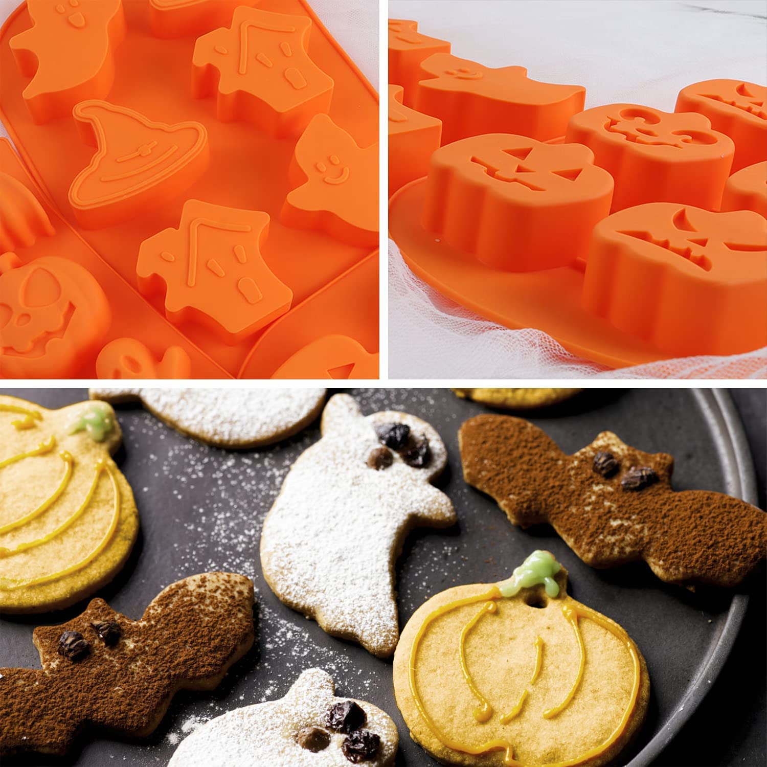 Bamutu Halloween Silicone Chocolate Molds Pumpkin Bat Skull Ghost Shape Baking Molds 2 Pcs 12-Cavity Non-Stick Chocolate Jelly C
