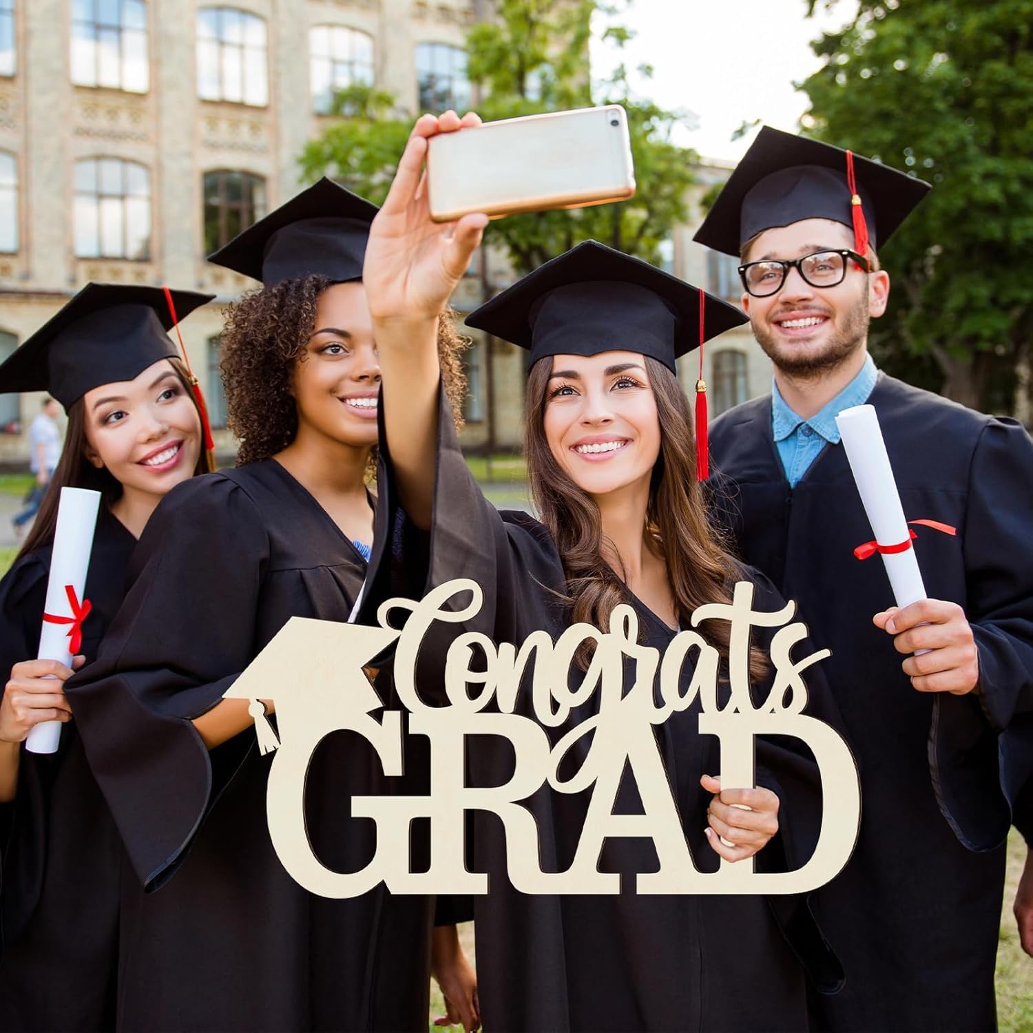 American Elm Graduation Party Decorations 2026 Wooden Sign, Congrats Grad Wood Cutout Hanging Sign with Hemp Rope, Senior Photo 