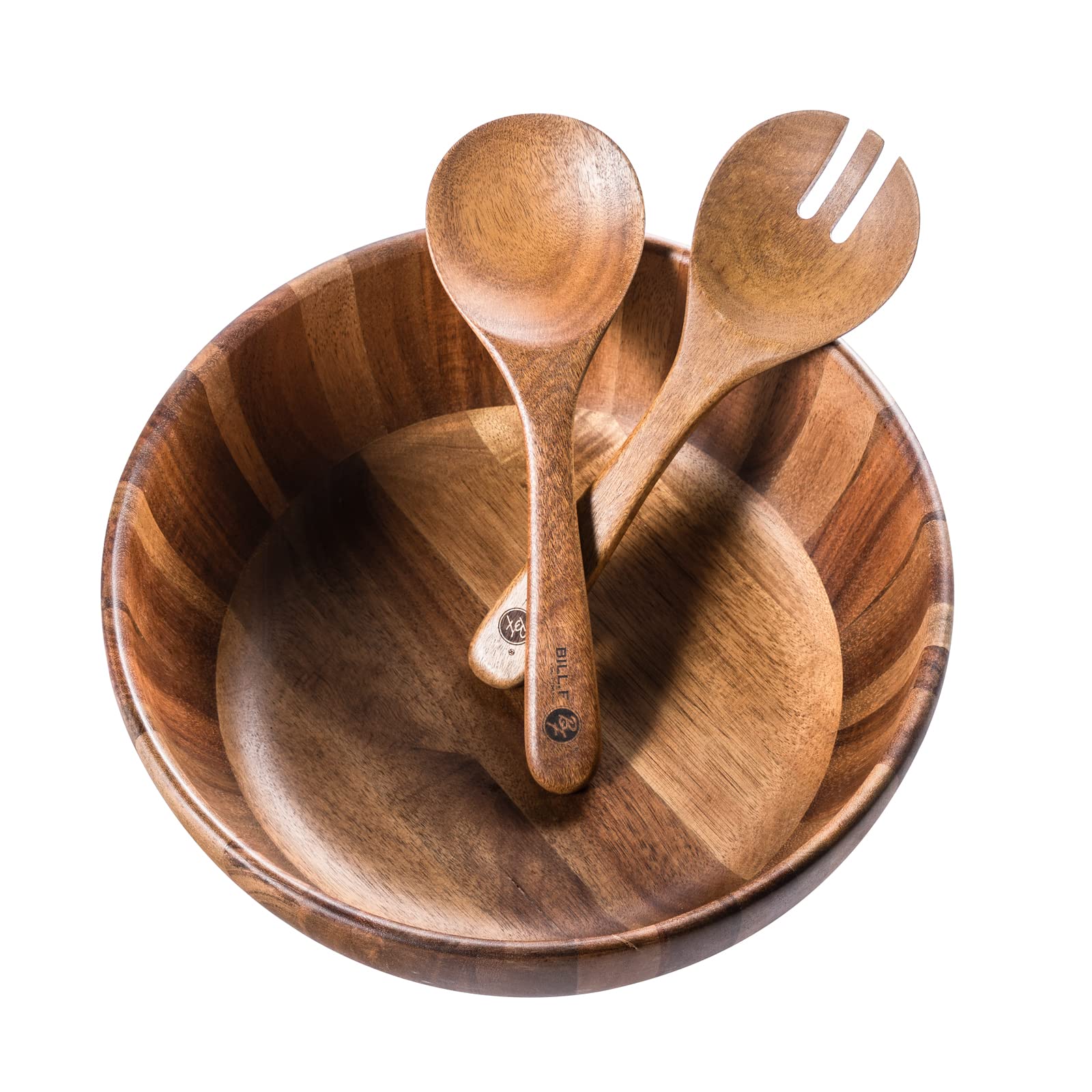 Bill.F Wooden Salad Bowl, 12'' Acacia Wood Salad Bowls Set Large Salad Mixing Bowl With Servers-3-Piece Big Salad Bowl Set