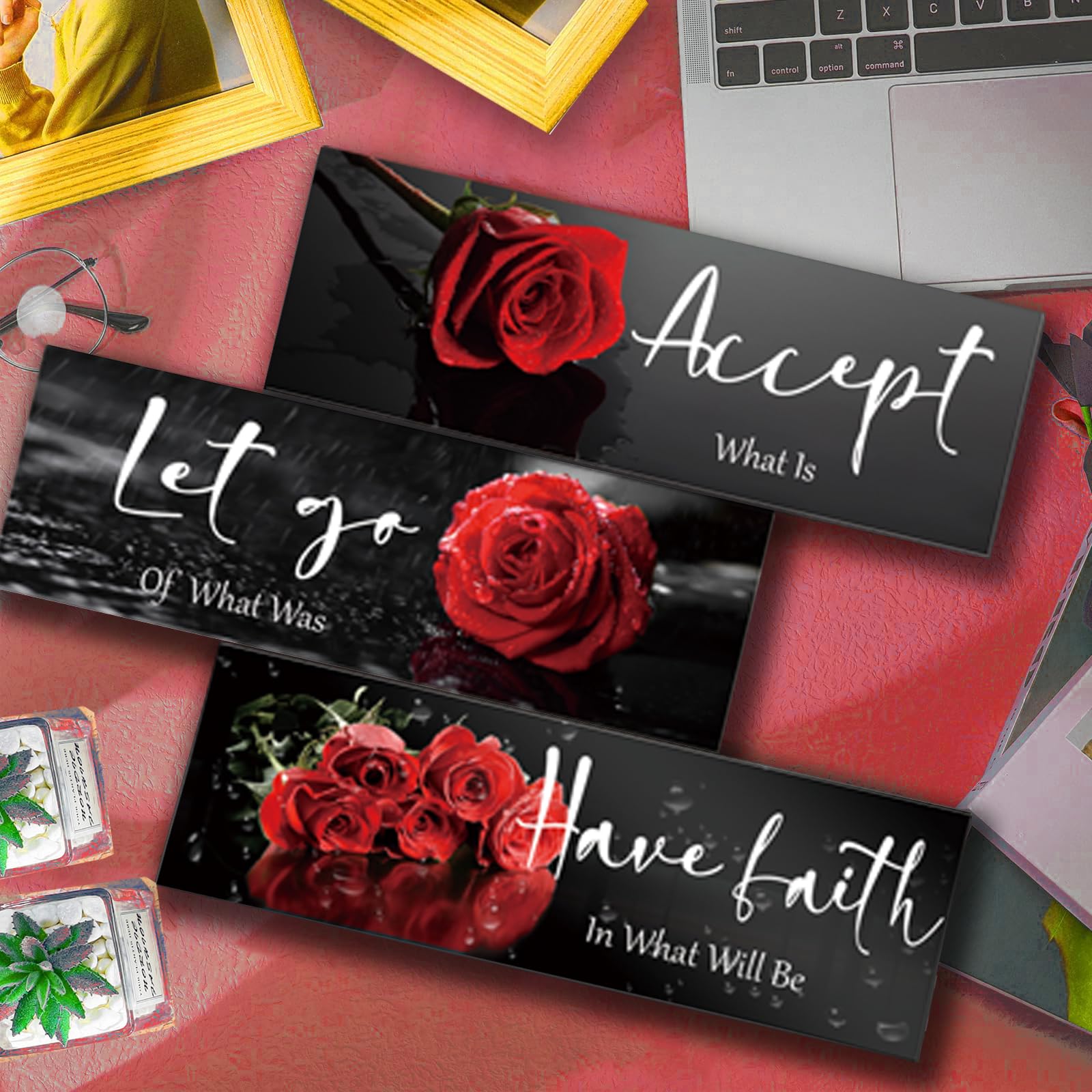 ZINYAZHE 3 Pcs Red Decor Flower Inspirational Wooden Wall Art Red Roses Office Wall Decor with Accept Let Go Have Faith Positive