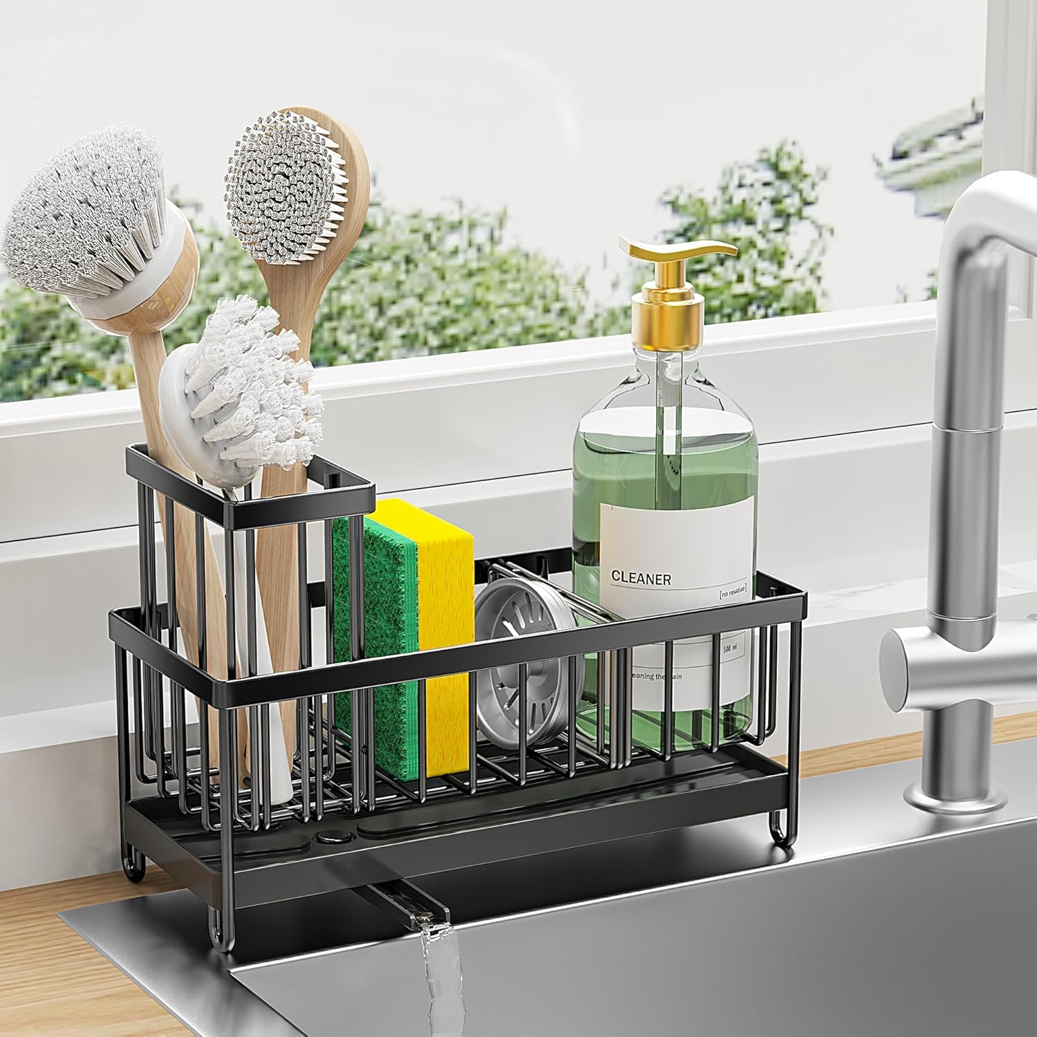 Keshavam Sink Organizer, Metal Sponge Holder Kitchen Sink | Auto-Draining Sink Storage | Organizer Soap Tray, Dishwashing Brush 