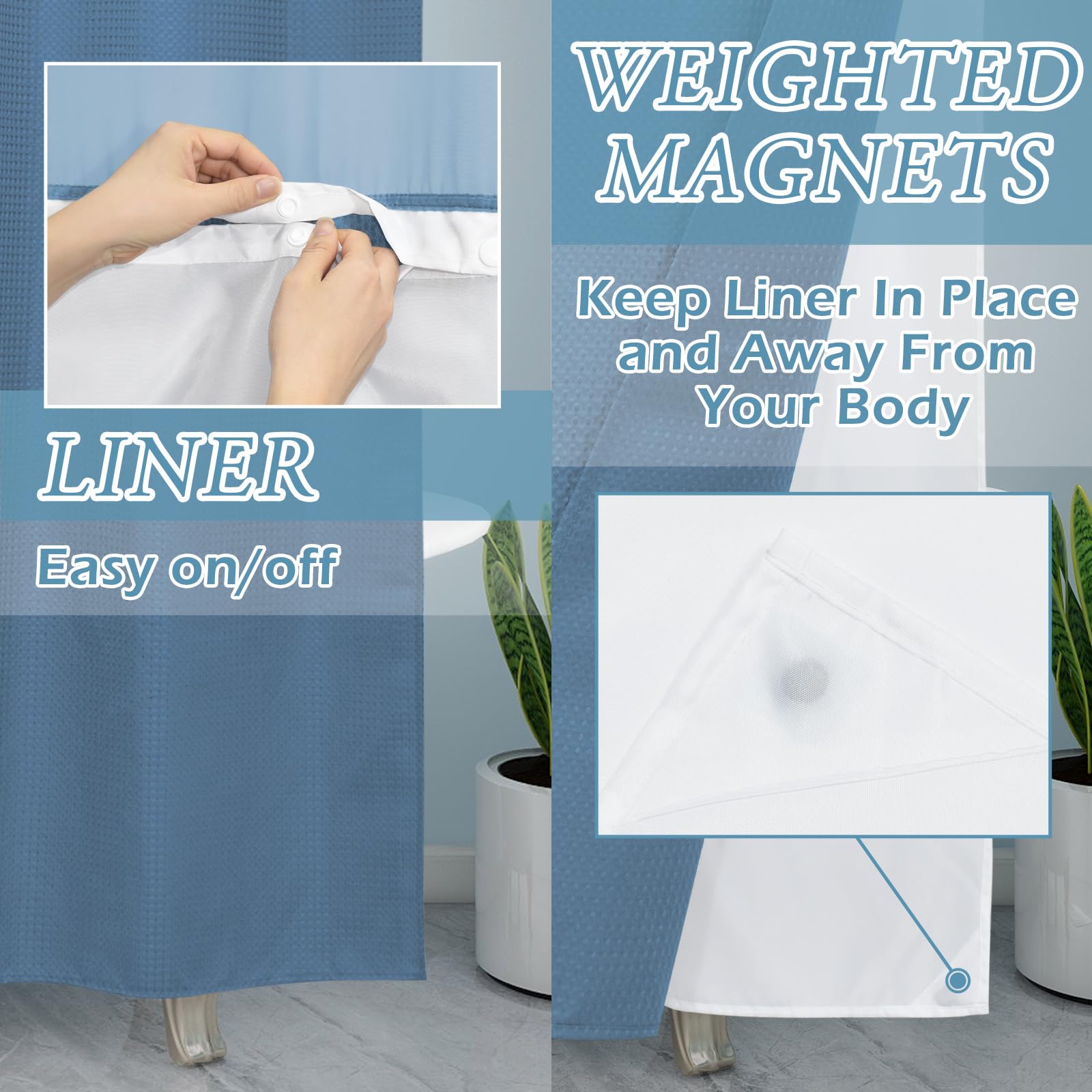 Eutxl Moonlight Blue Long No Hook Shower Curtain With Snap In Liner,230Gsm Waffle Weave Shower Curtains For Bathroom,71W X 86H