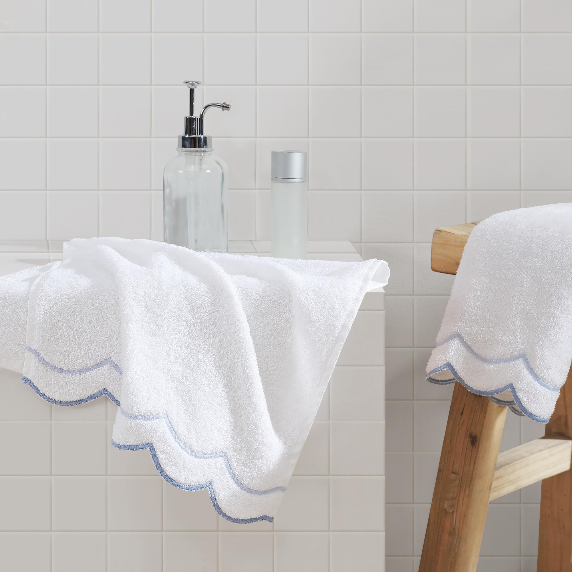 Peri Home 100% Cotton Hand Towel for Bathroom, Embroidered, Soft & Absorbent, 500 GSM, 1 Piece, 16 x 27, White with Blue Scallop