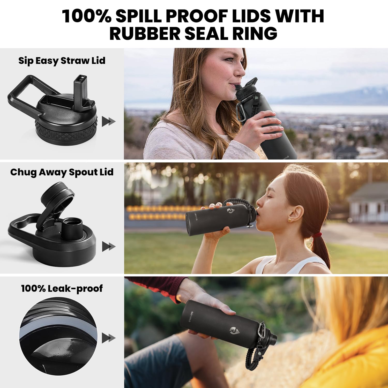 RAYMYLO Insulated Water Bottle 40 oz  Triple Wall Vacuum Stainless Steel (Cold for 48 Hrs)  Leak Proof & BPA-Free  Modern Water Flask Jug with Paracord Handle & Straw Spout Lids  Magic Black