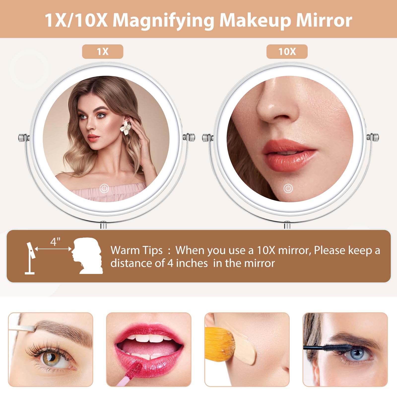 Ffowcye 8'' Lighted Makeup Mirror With Adjustable Height, 1X/10X Magnification, Rechargeable Led Vanity Mirror With 3 Color Mode