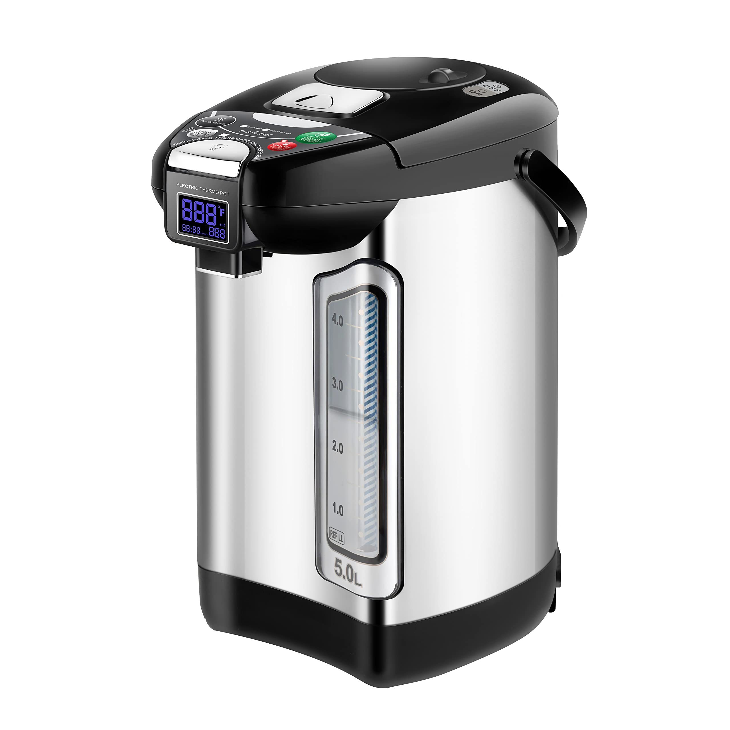 NutriChef Digital Water Boiler and Warmer - 5L/5.28 Qt Stainless Electric Hot Water Dispenser w/LCD Display, Rotating Base, Keep