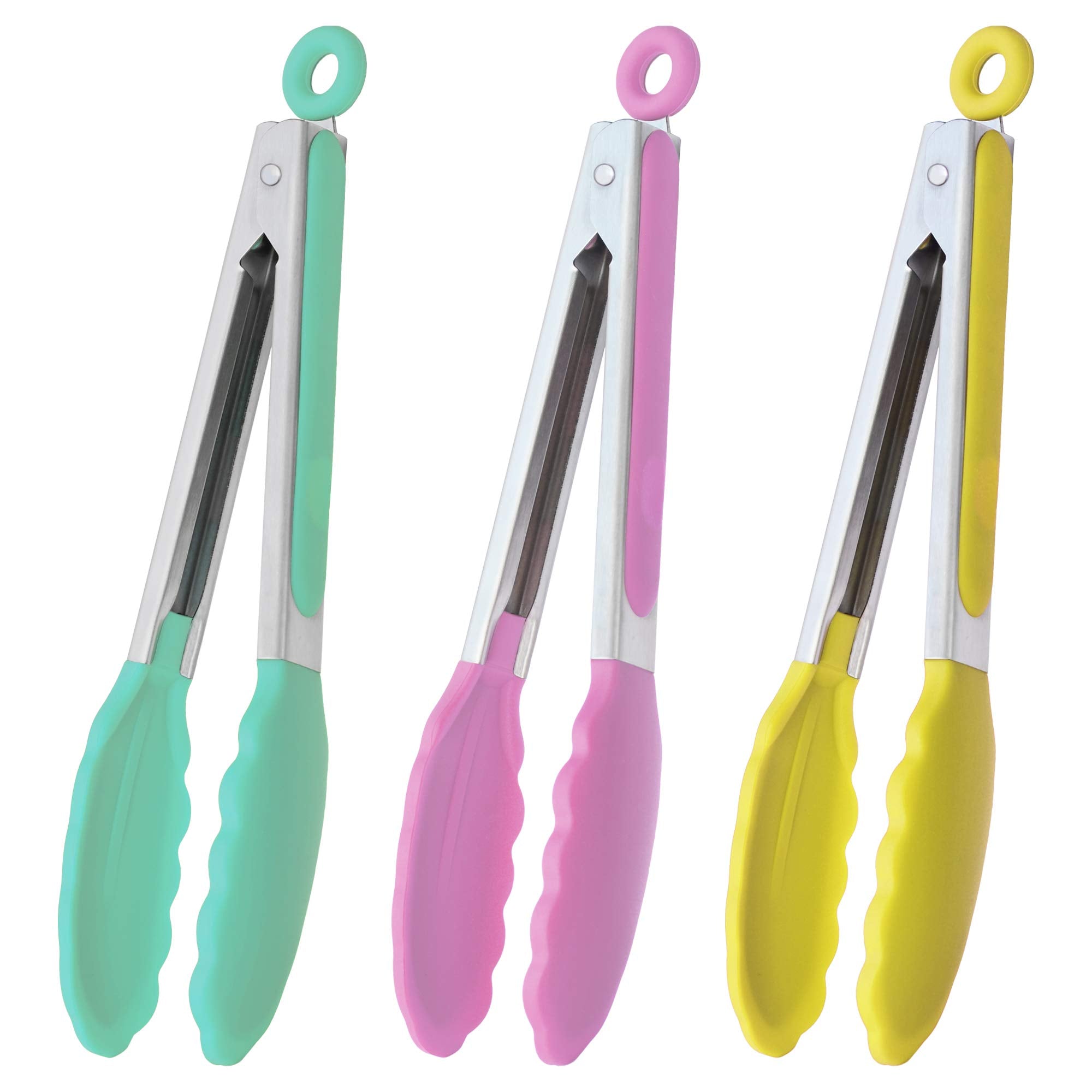Hinmay Stainless Steel Kitchen Cooking Tongs With Silicone Tips 9-Inch Serving Tongs, Set Of 3 (Mint Pink Yellow)