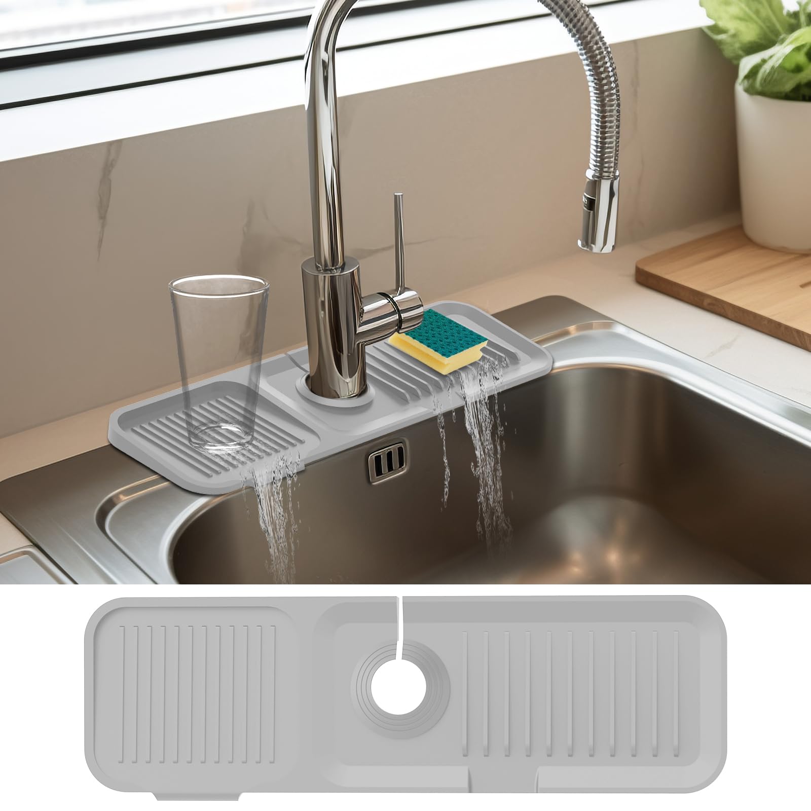 Doeklpo 17.7 Inch Silicone Faucet Mat For Kitchen Sink, 5Slope Fast Draining Kitchen Sink Splash Guard Behind Faucet, Tidy Splas